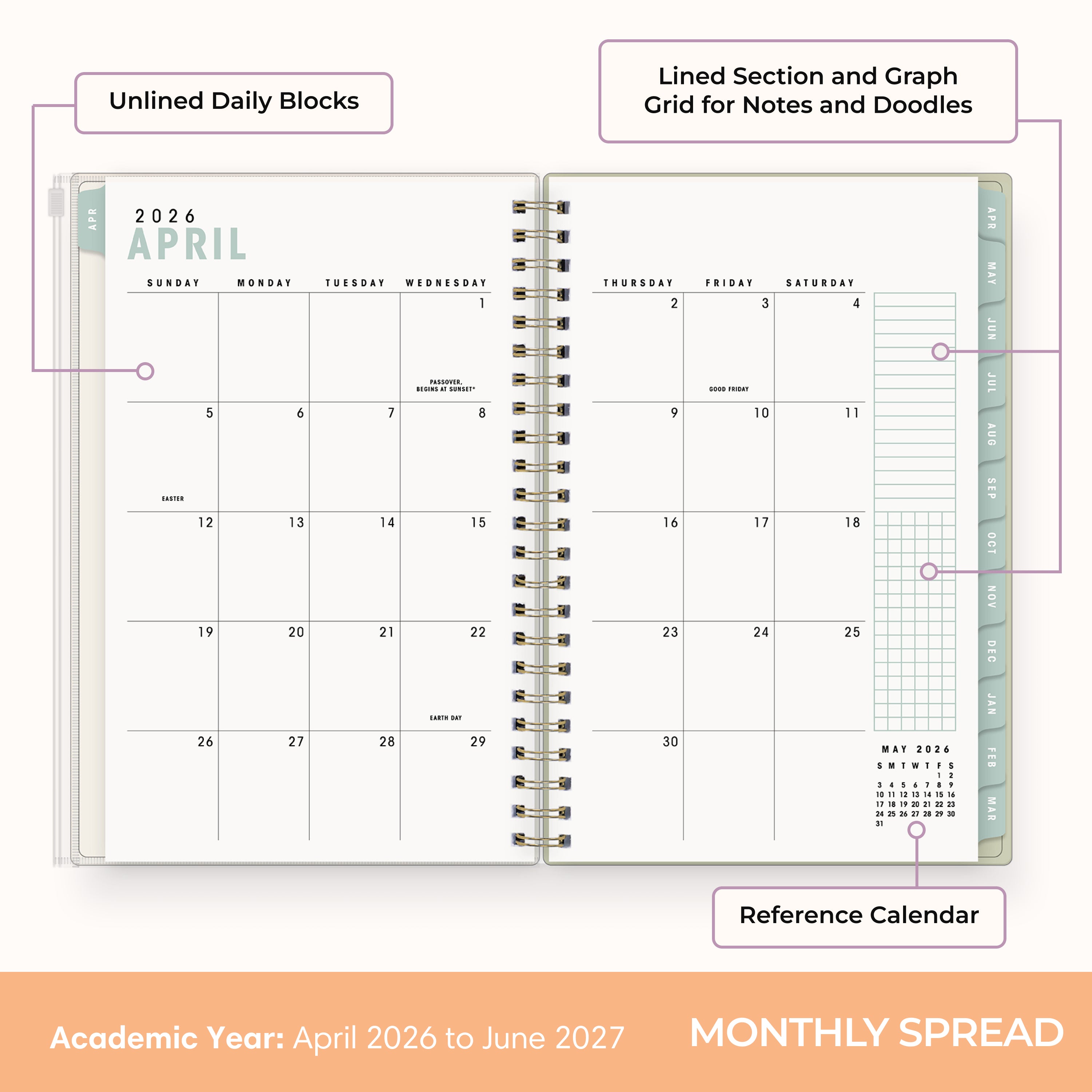 this july 2026 - june 2027 planner features a monthly spread with ample writing space for each day, monthly reference calendar, sections for note taking, bullet points, and check lists.
