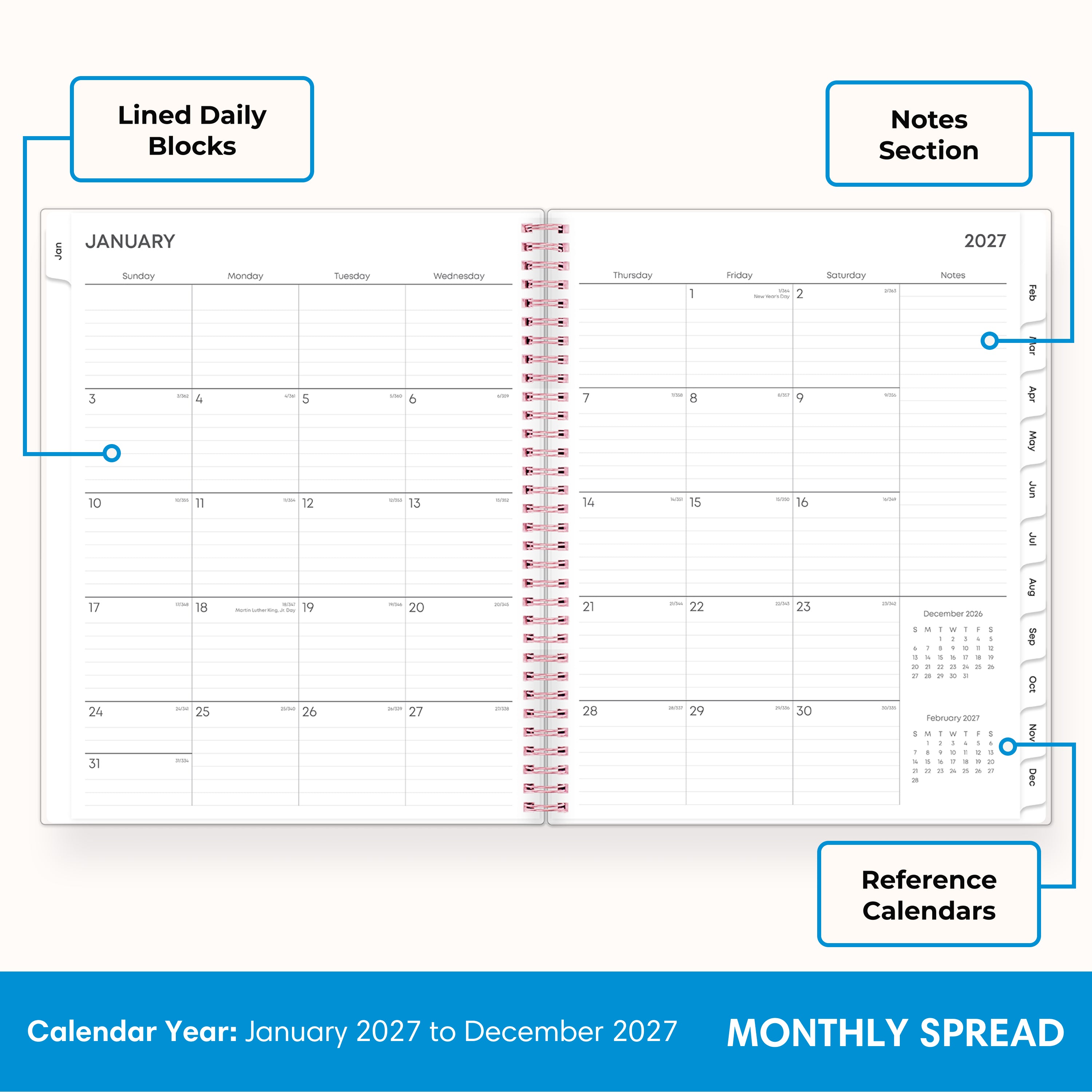 2027 monthly spread featuring ample lined writing space for each date, notes section, reference calendars, and monthly tabs