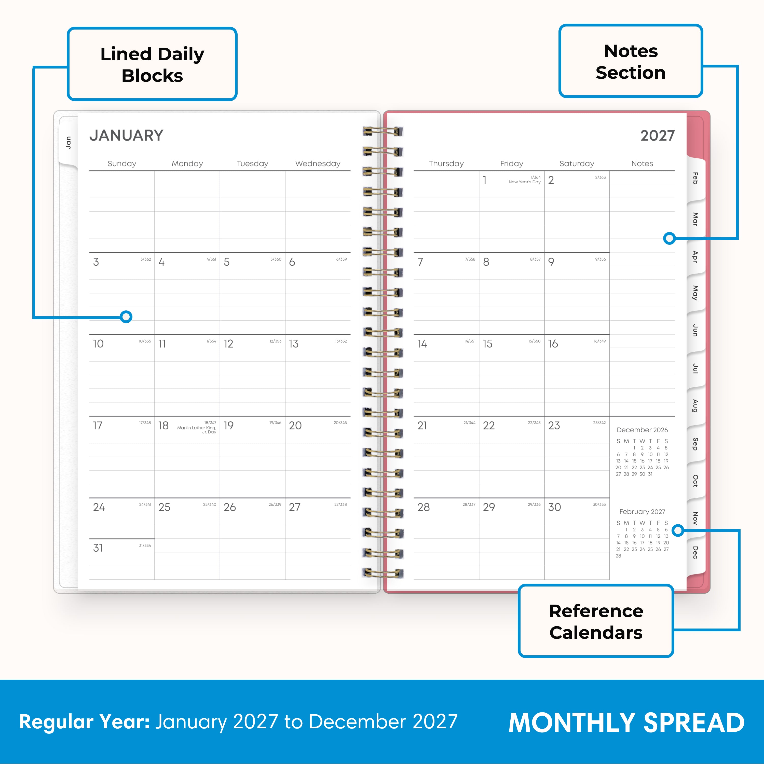 2027 monthly spread featuring ample lined writing space for each date, notes section, reference calendars, and monthly tabs