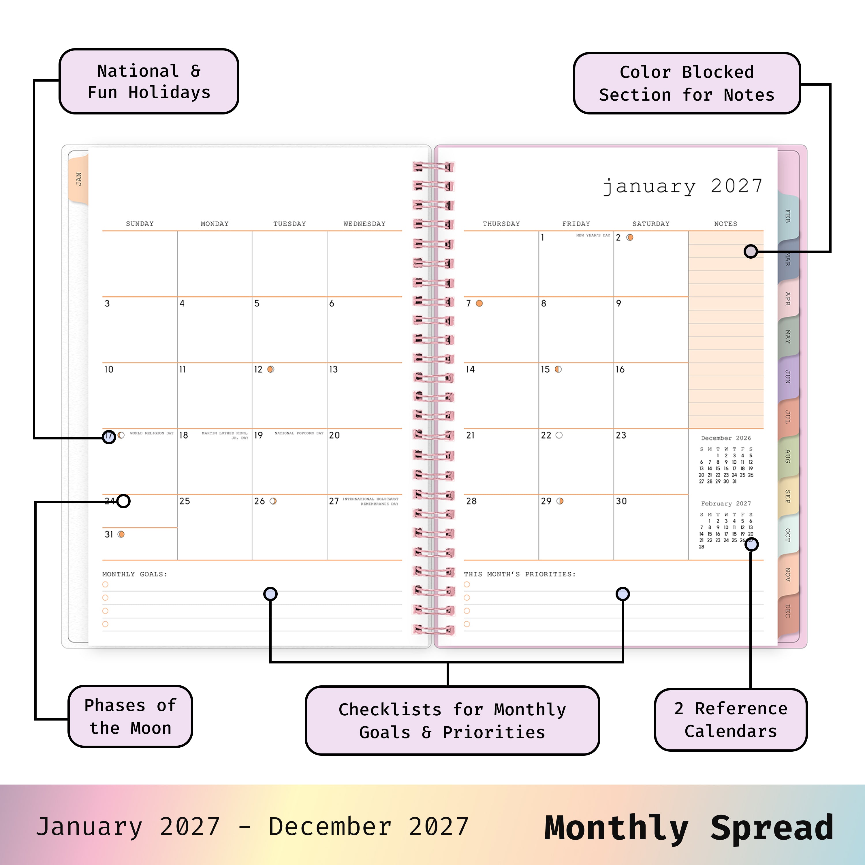 2027 monthly spread featuring ample lined writing space for each date, notes section, reference calendars, and monthly tabs