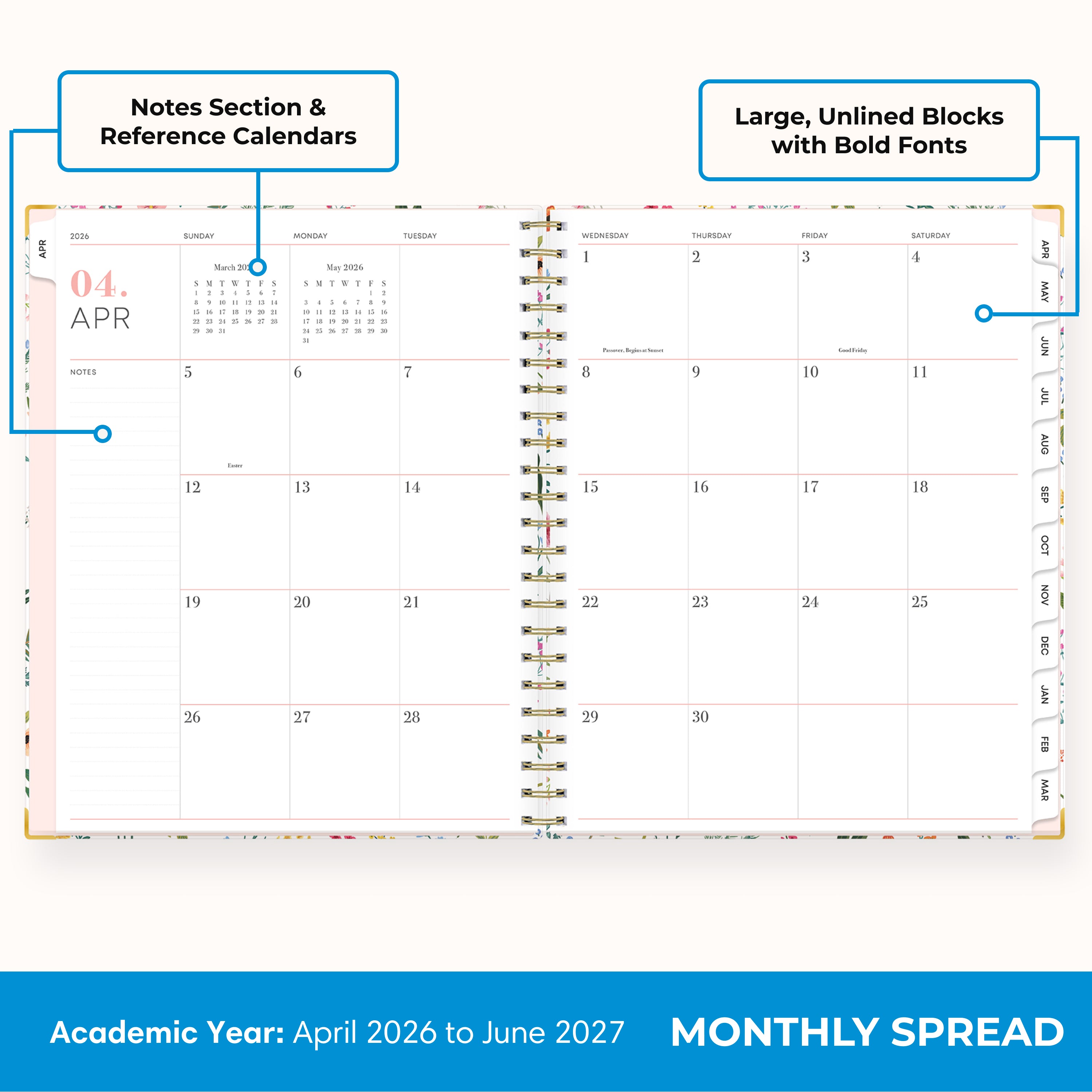 this july 2026 - june 2027 planner features a monthly spread with ample writing space for each day, monthly reference calendar, sections for note taking, bullet points, and check lists.