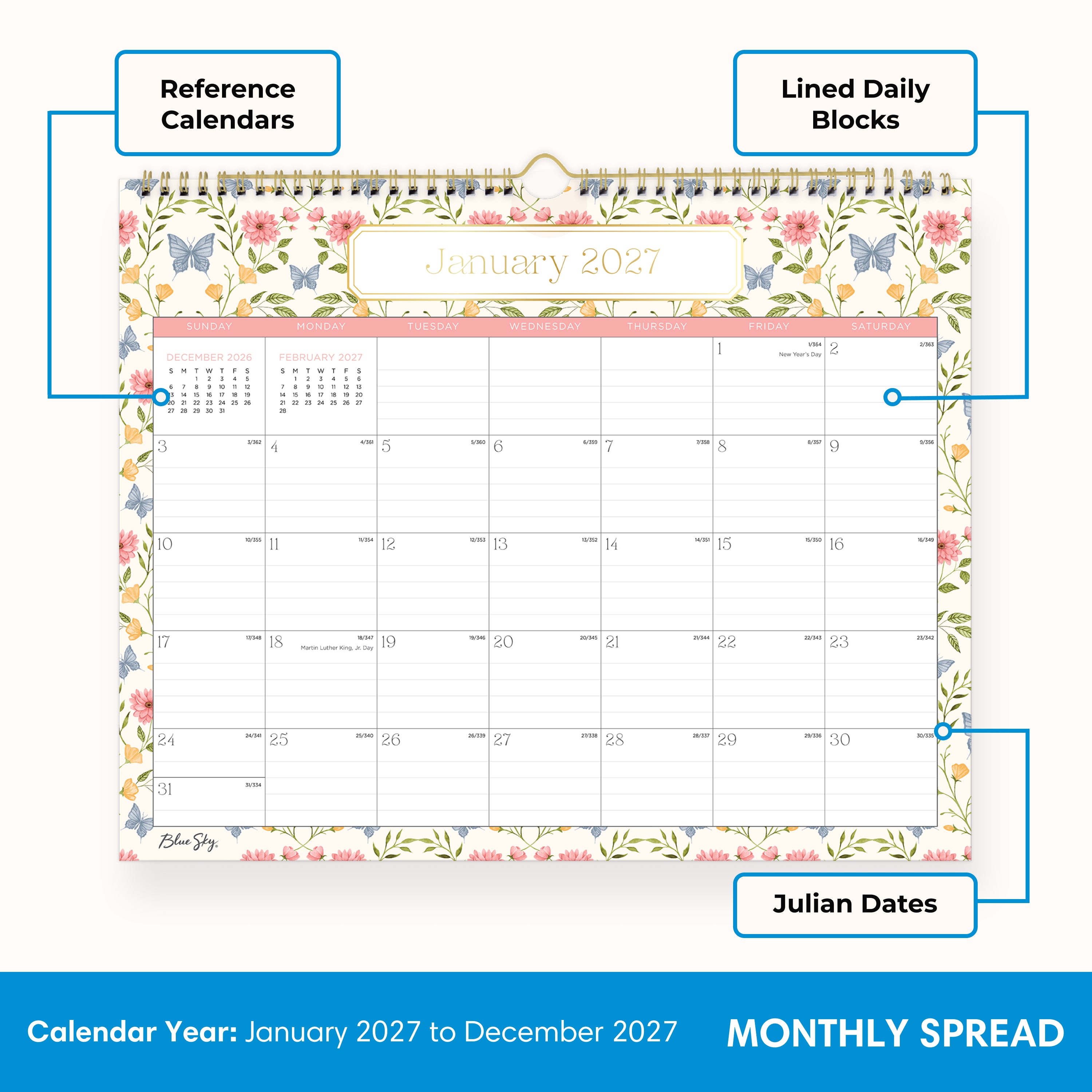 Floral and butterfly design calendar for January 2027 on a white background in 15x12 size with lined writing space and reference calendars