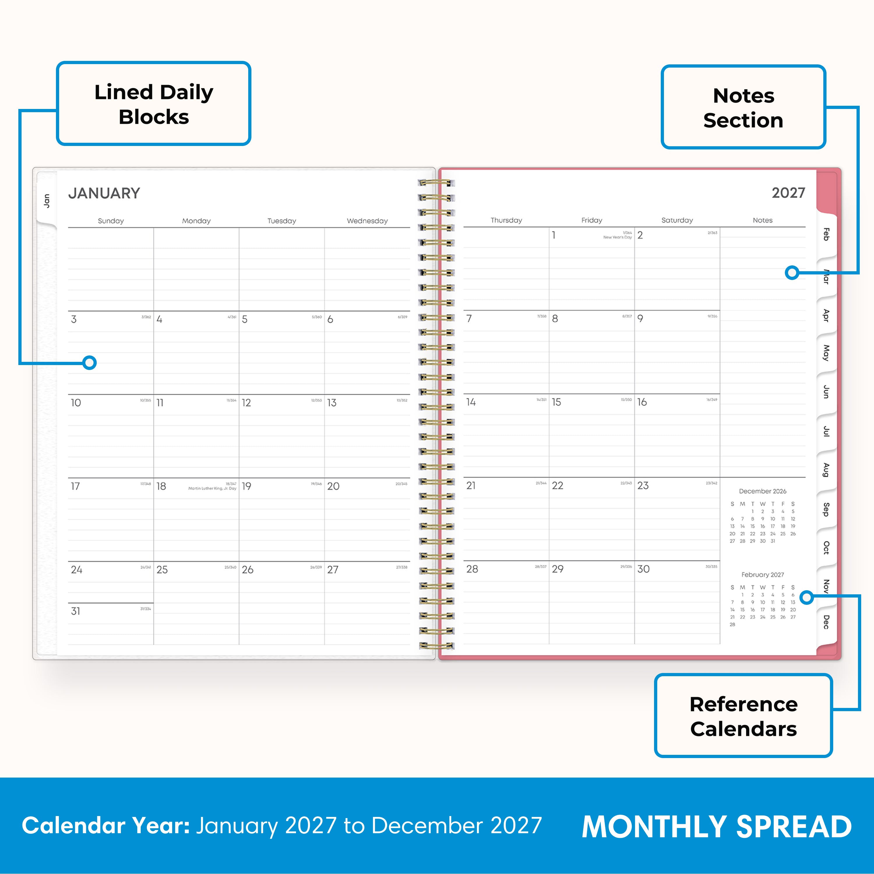 2027 monthly spread featuring ample lined writing space for each date, notes section, reference calendars, and monthly tabs