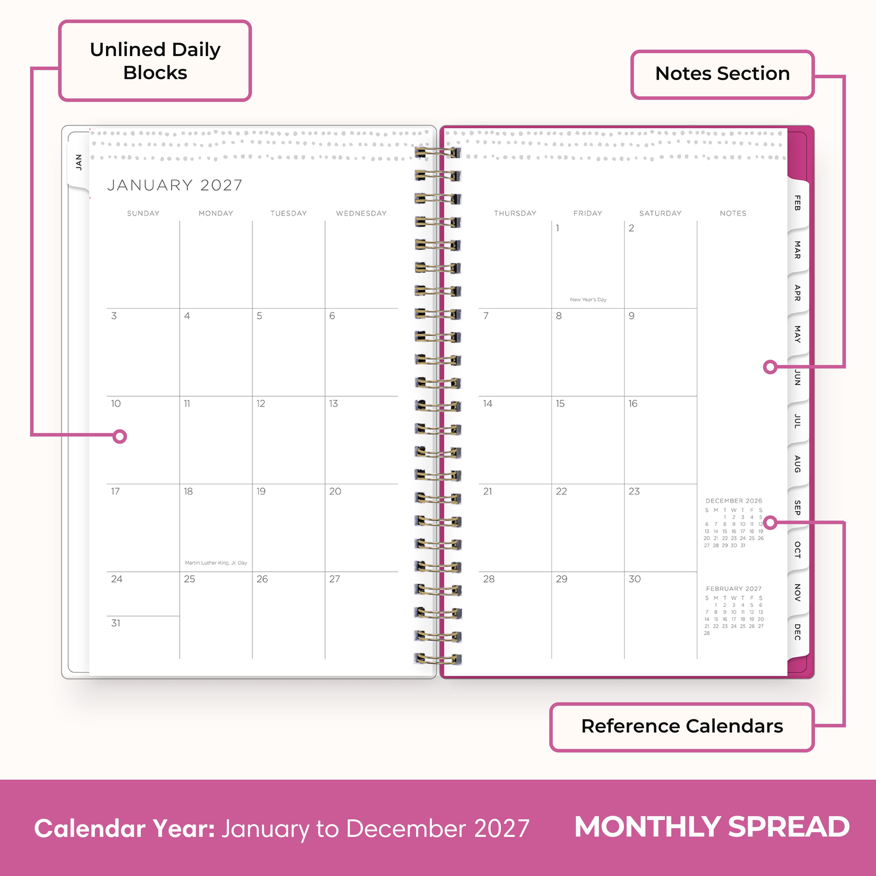 2027 monthly spread featuring ample lined writing space for each date, notes section, reference calendars, and monthly tabs