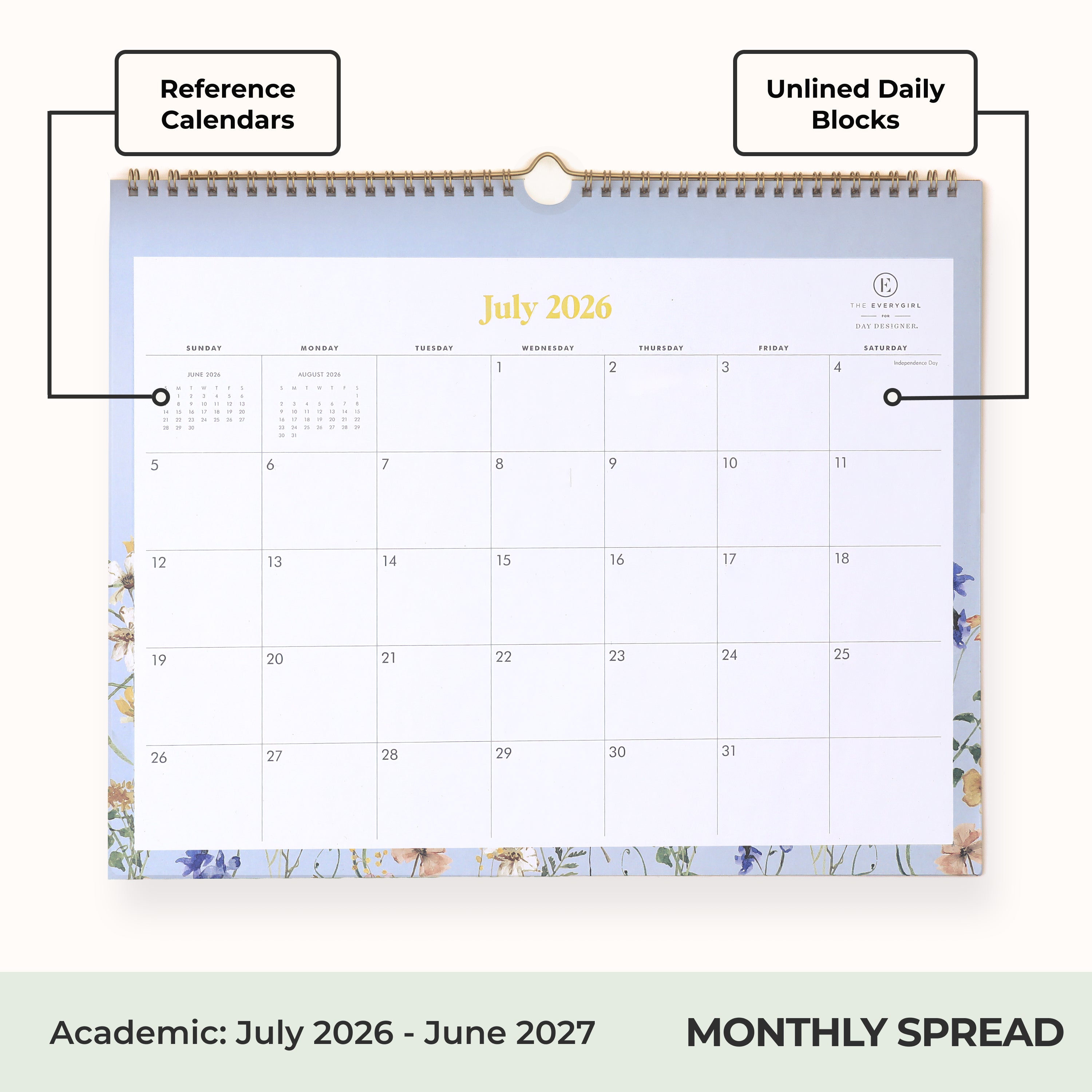 Calendar for July 2026-June 2027 with floral design and motivational stickers on a white background, ample blank writing space and reference calendars