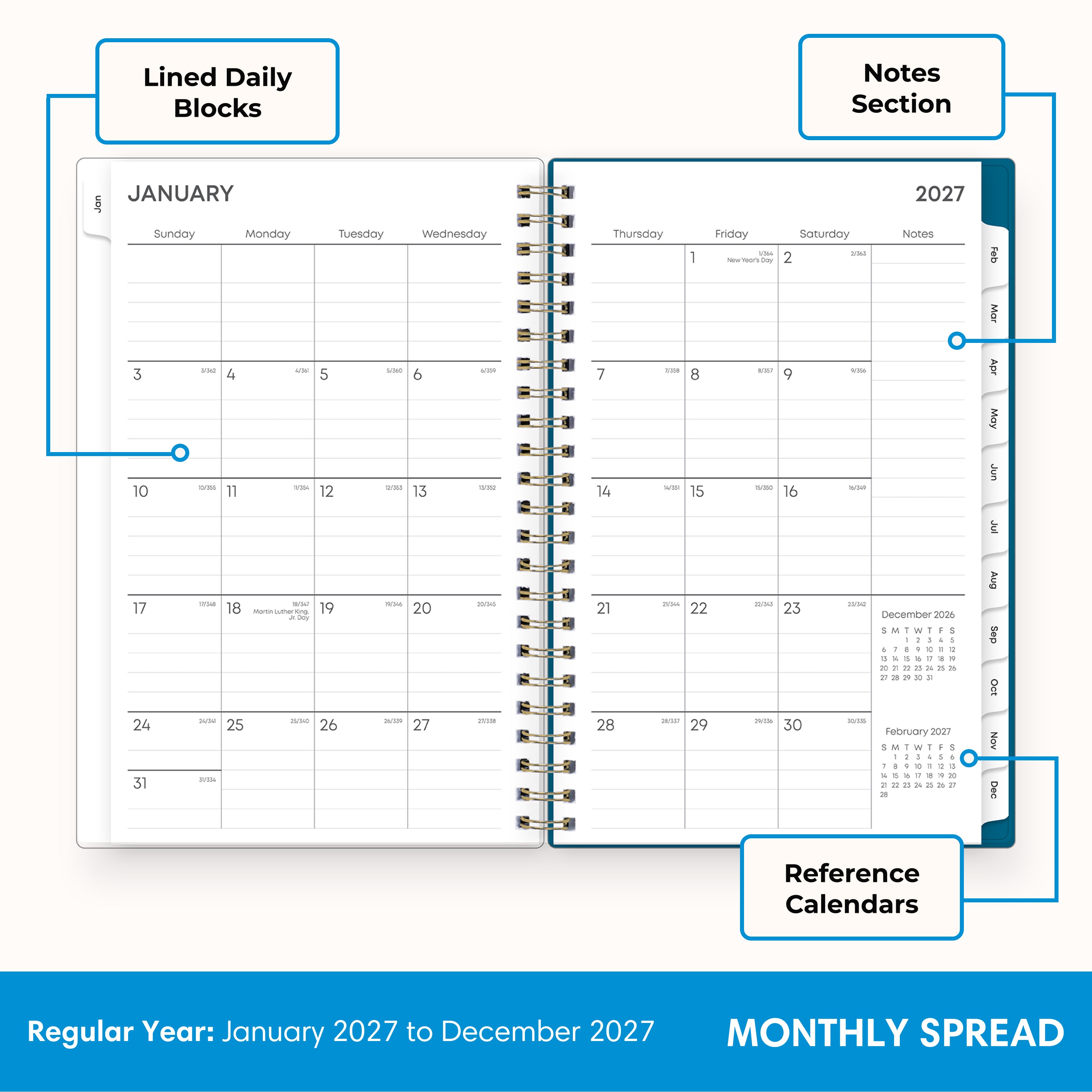 2027 monthly spread featuring ample lined writing space for each date, notes section, reference calendars, and monthly tabs