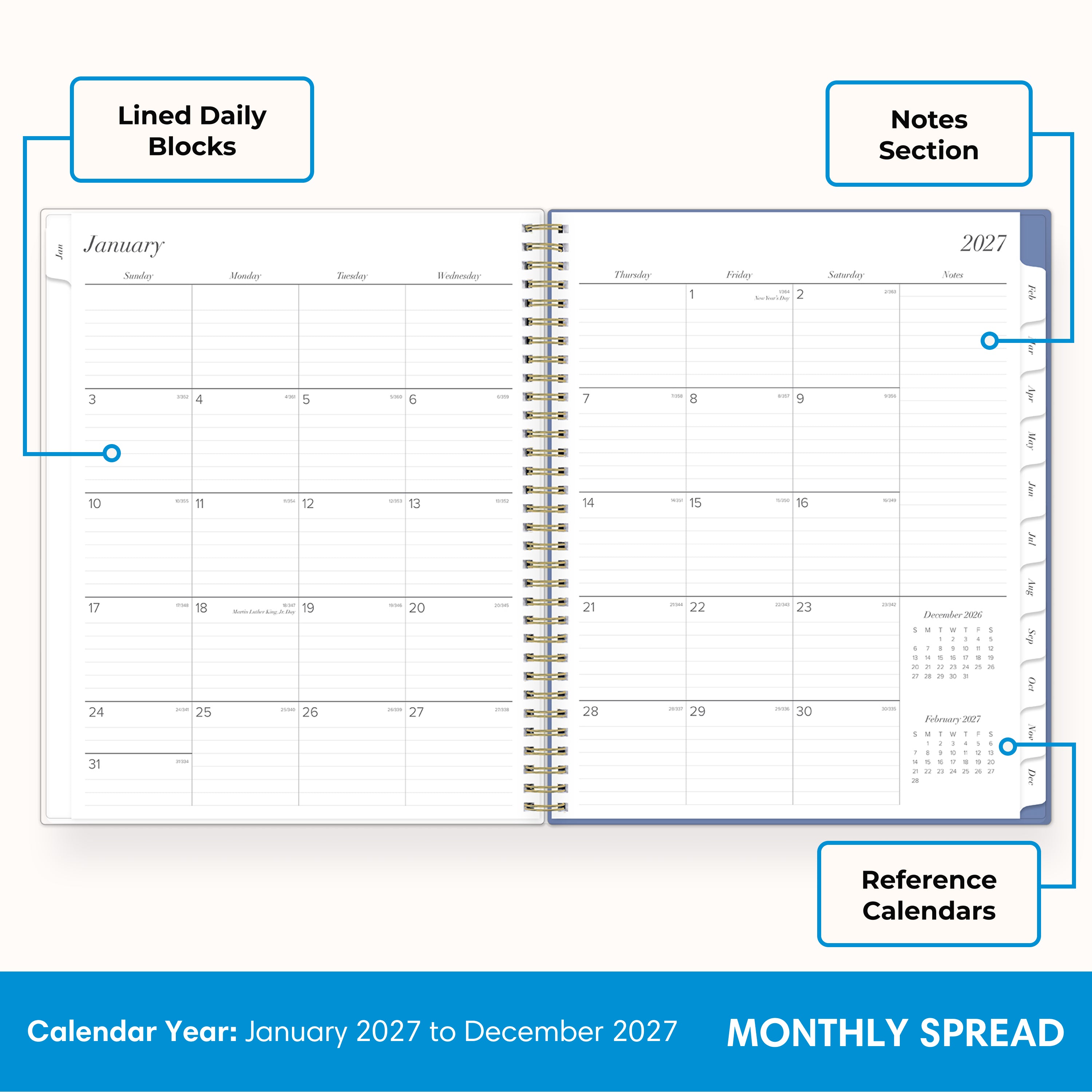 2027 monthly spread featuring ample lined writing space for each date, notes section, reference calendars, and monthly tabs