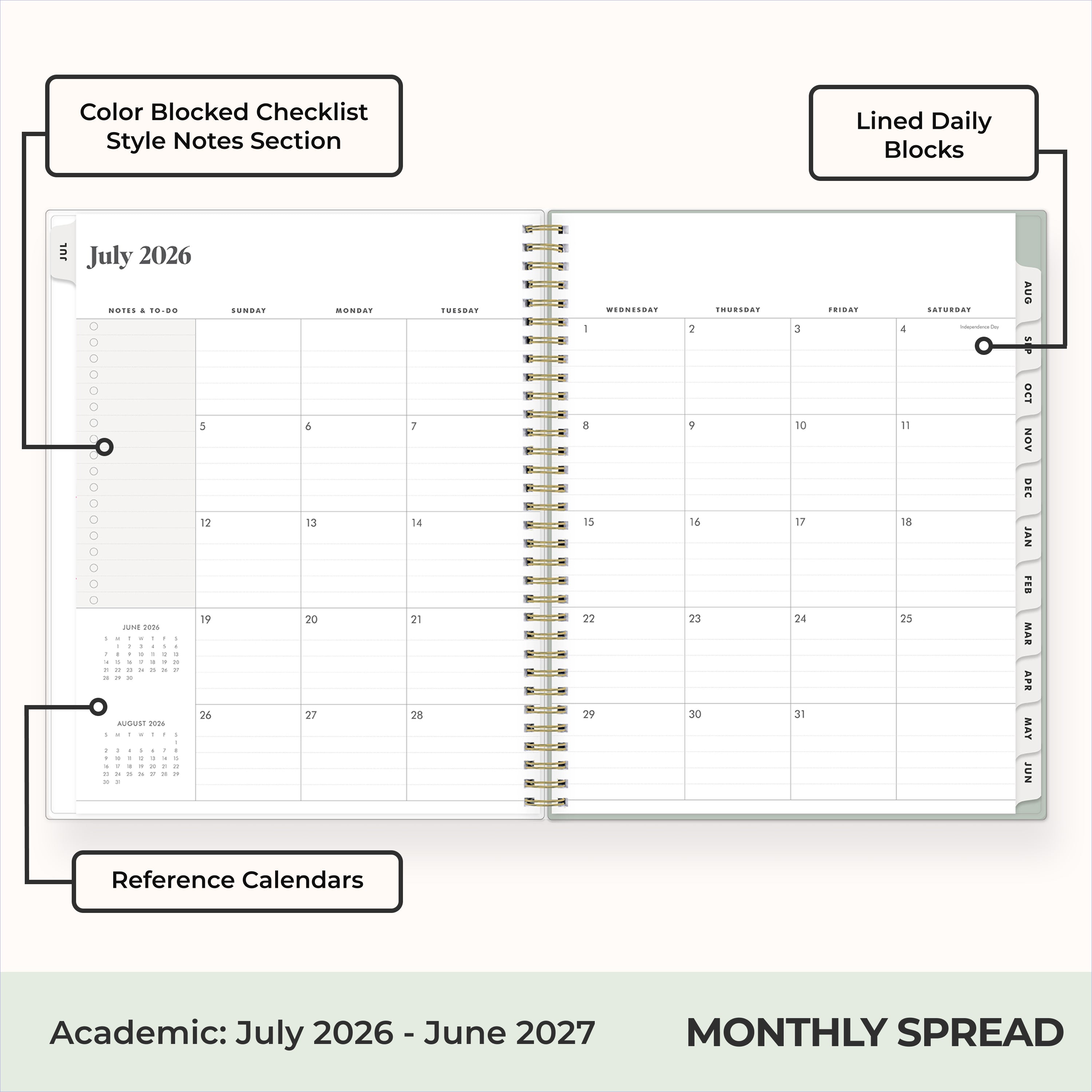 this july 2026 - june 2027 planner features a monthly spread with ample writing space for each day, monthly reference calendar, sections for note taking, bullet points, and check lists.