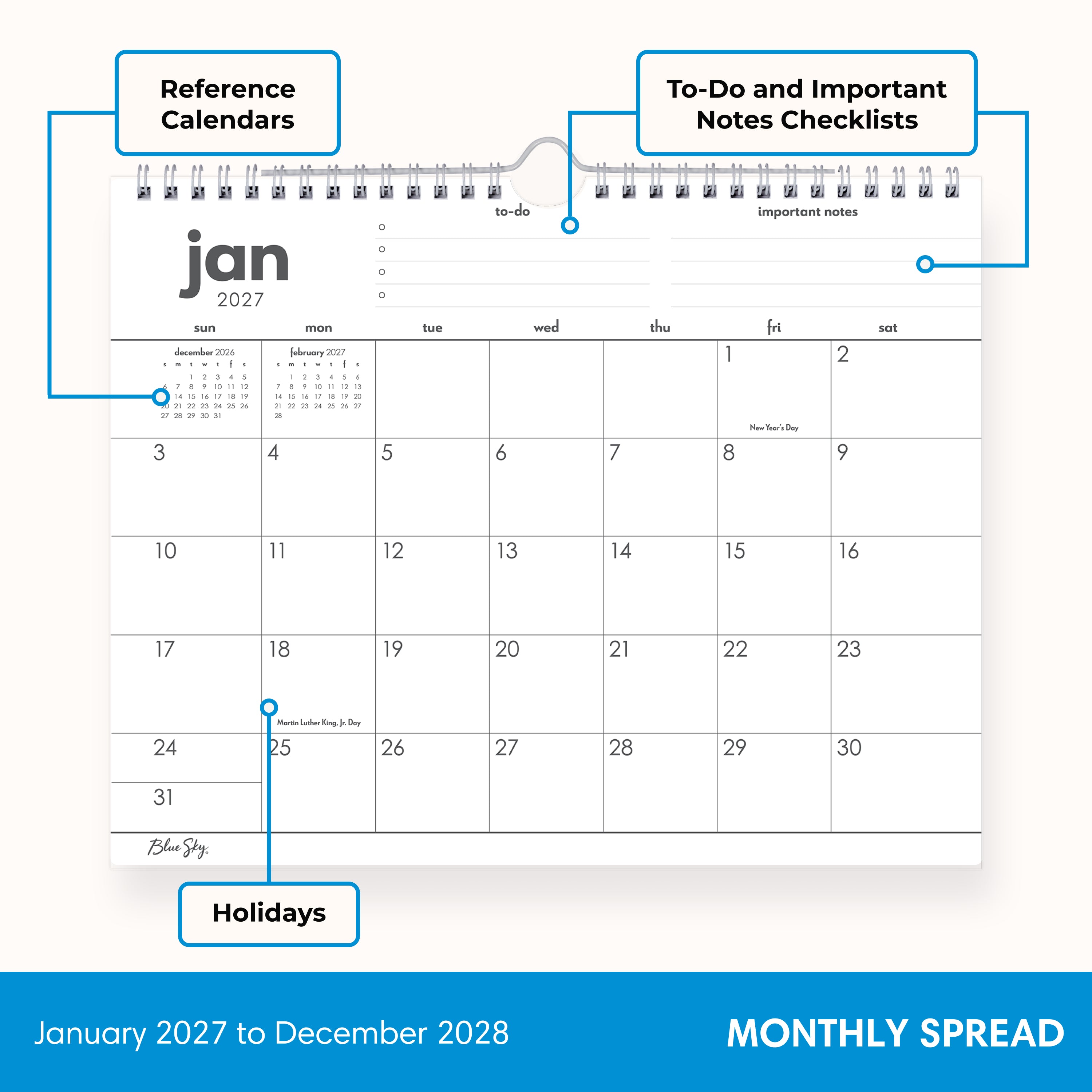 january 2027-December 2027 wall calendar in 11x8.75 size blank writing space and reference calendars