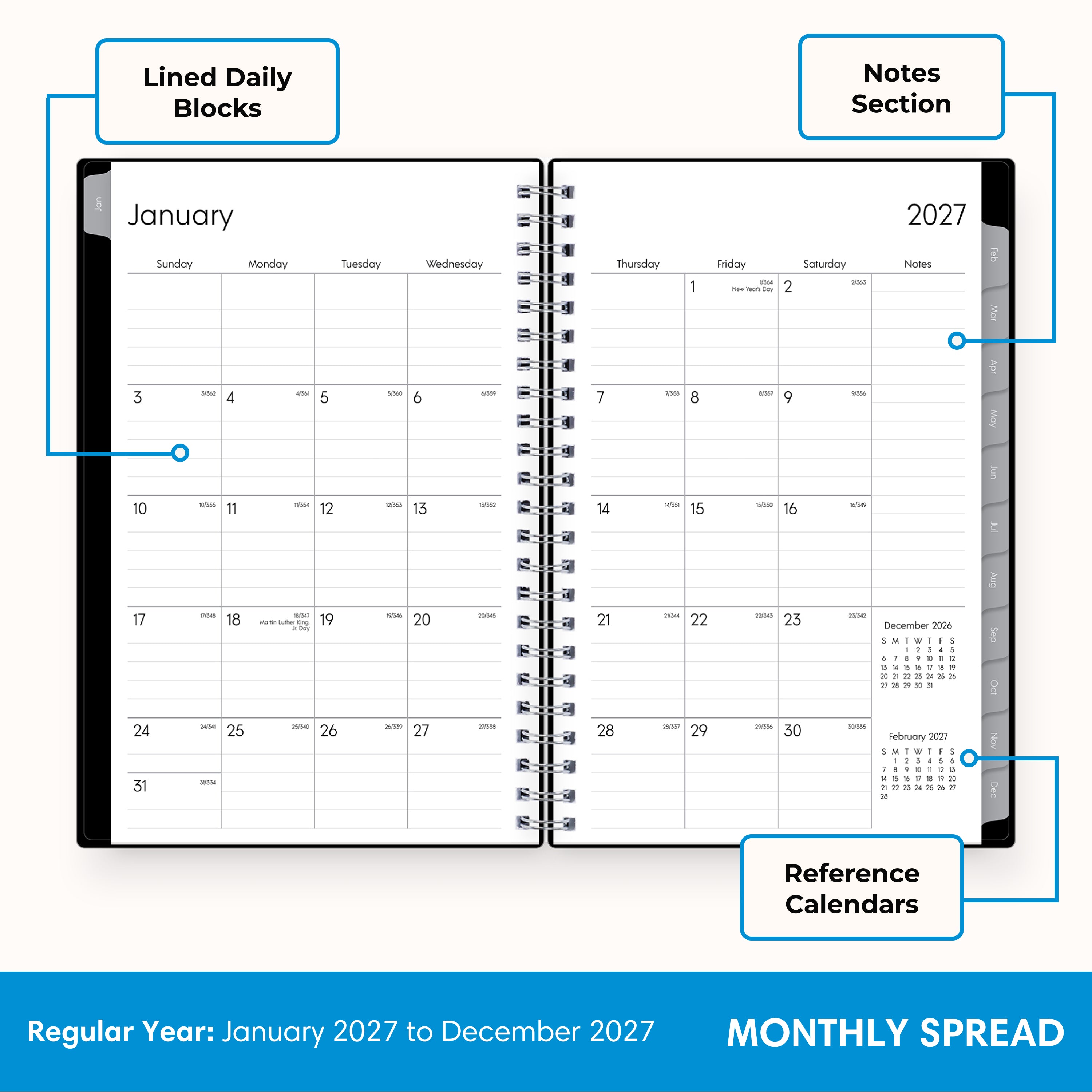 monthly spread for 2027 featuring lined writing space, lined notes section, and reference calendars