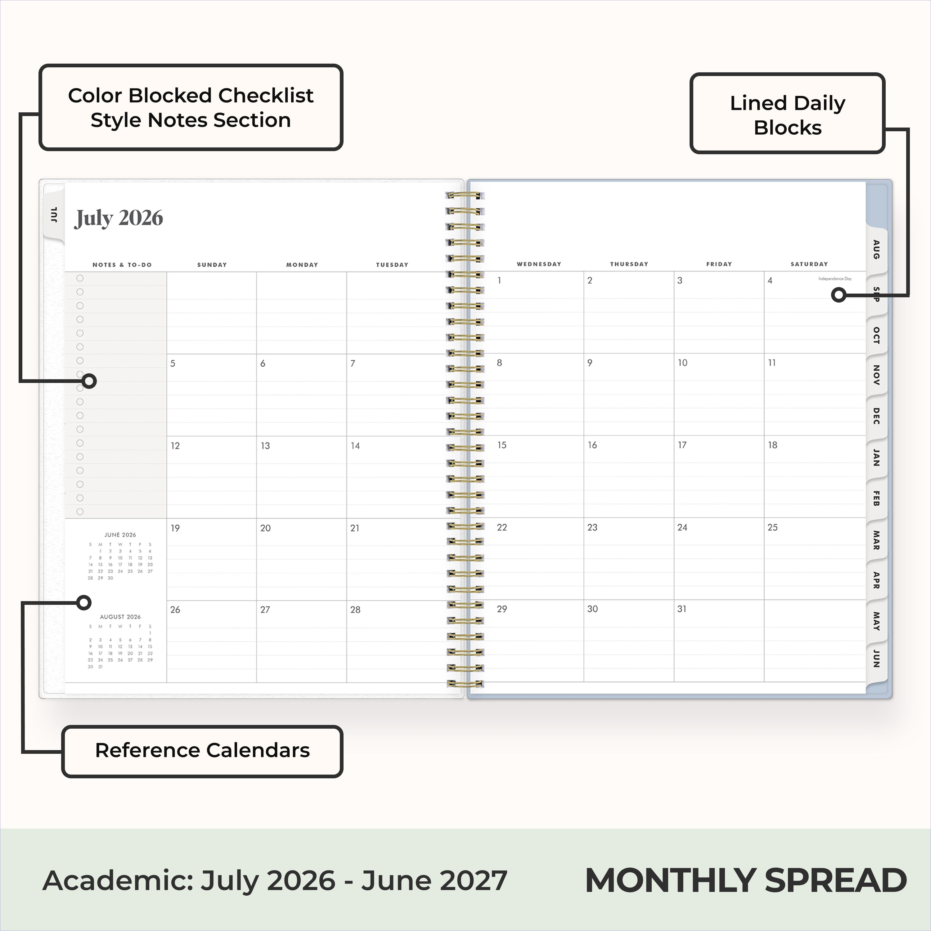 this july 2026 - june 2027 planner features a monthly spread with ample writing space for each day, monthly reference calendar, sections for note taking, bullet points, and check lists.