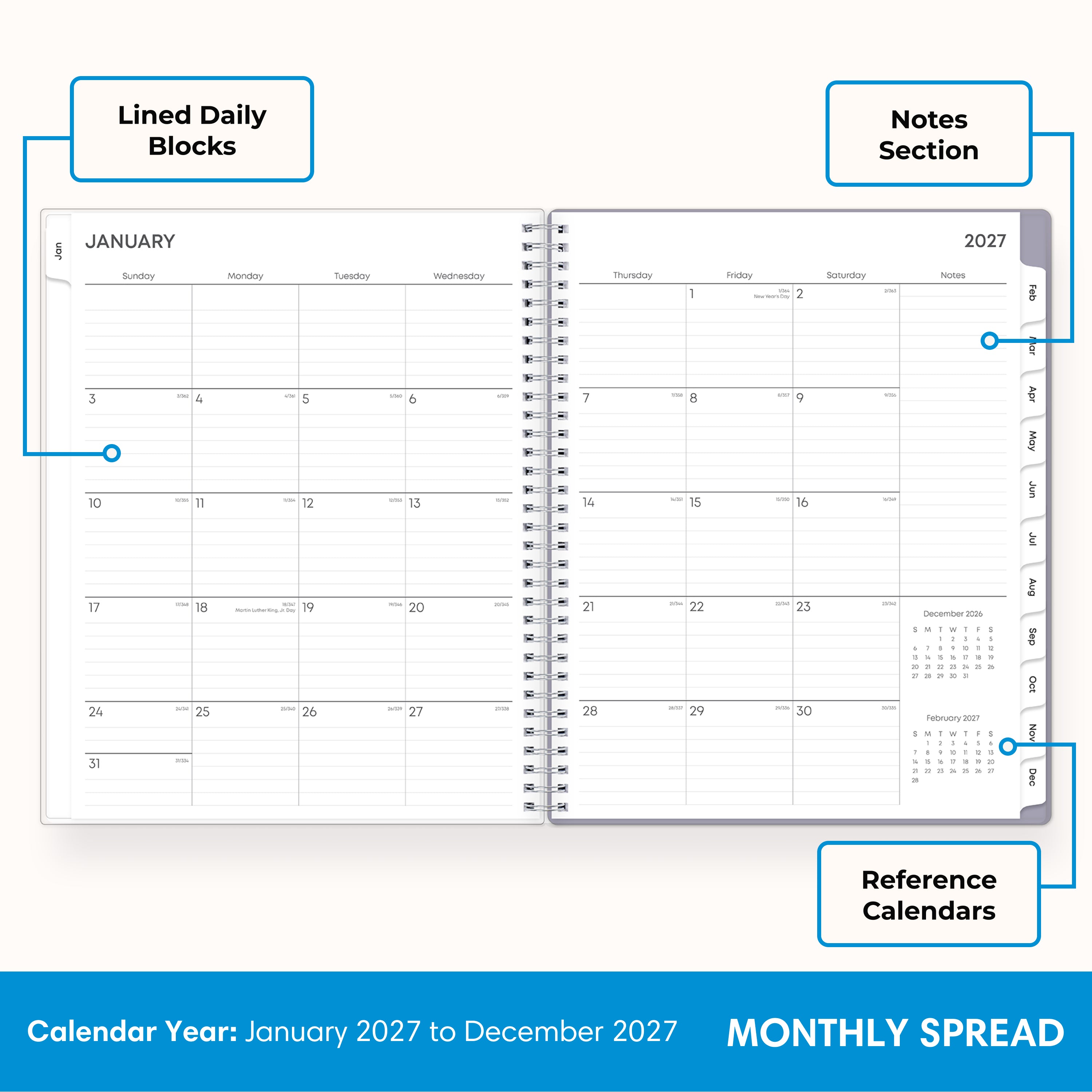 2027 monthly spread featuring ample lined writing space for each date, notes section, reference calendars, and monthly tabs