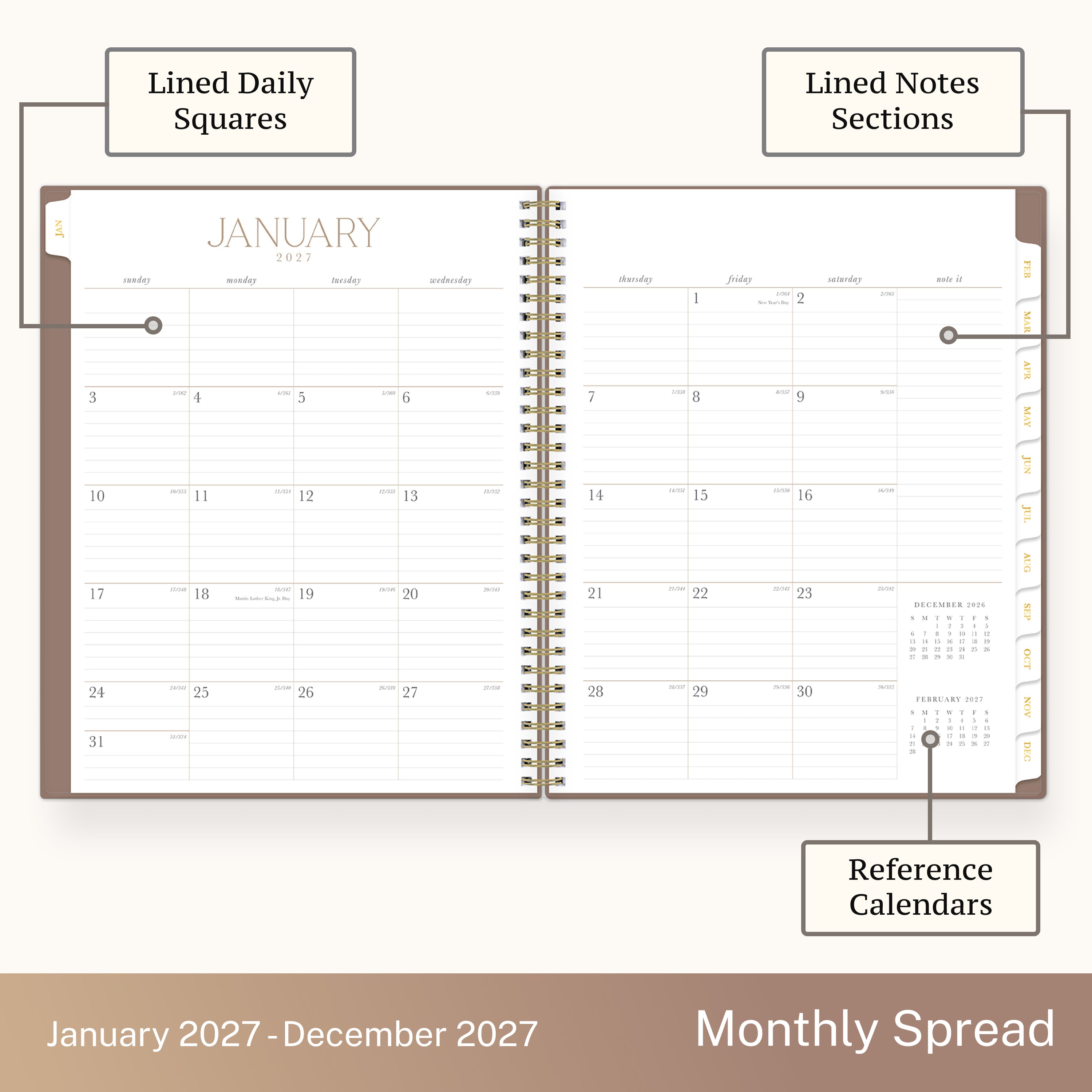 2027 monthly spread featuring ample lined writing space for each date, notes section, reference calendars, and monthly tabs
