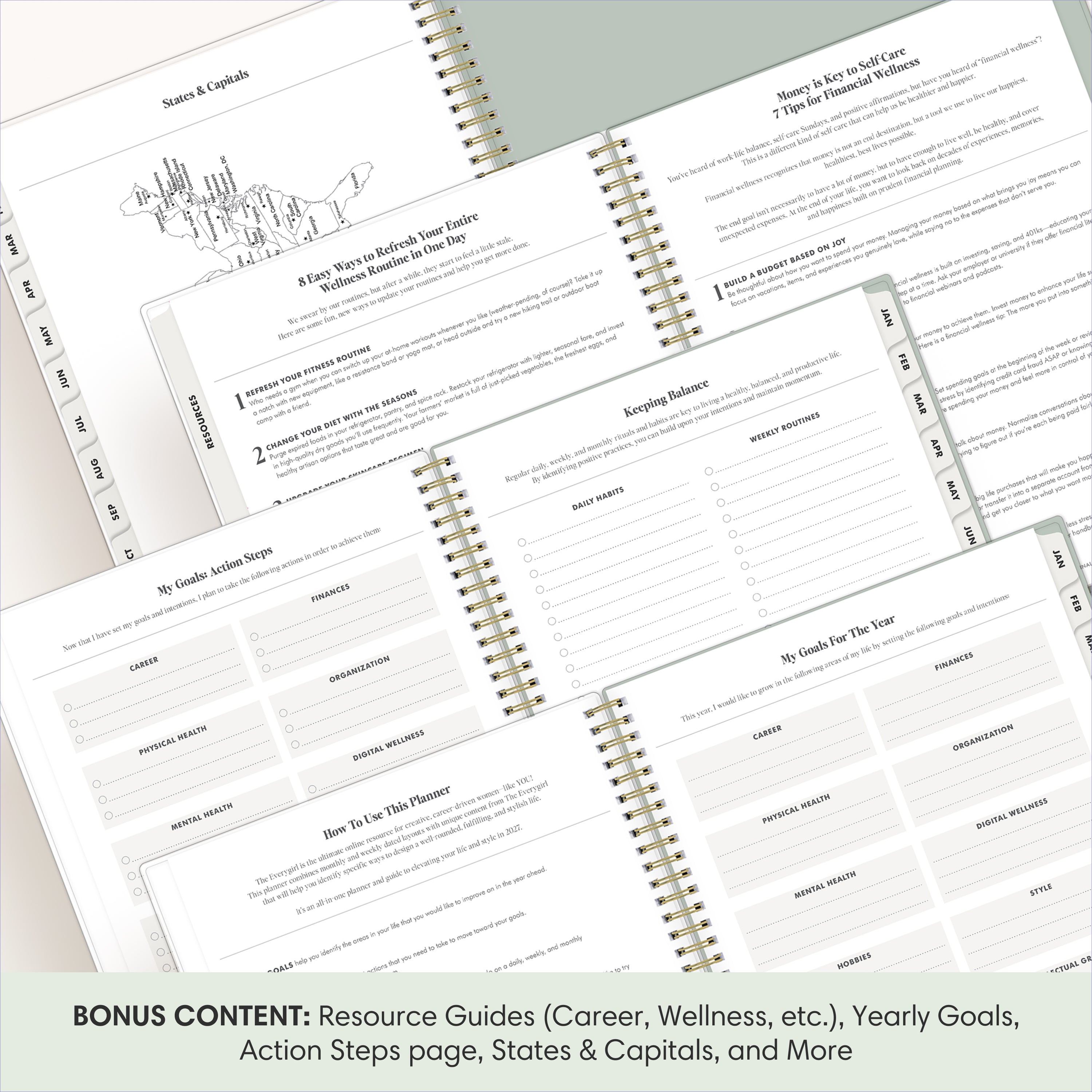 planner featuring bonus content like yearly overview, important dates, holidays, states and capitals