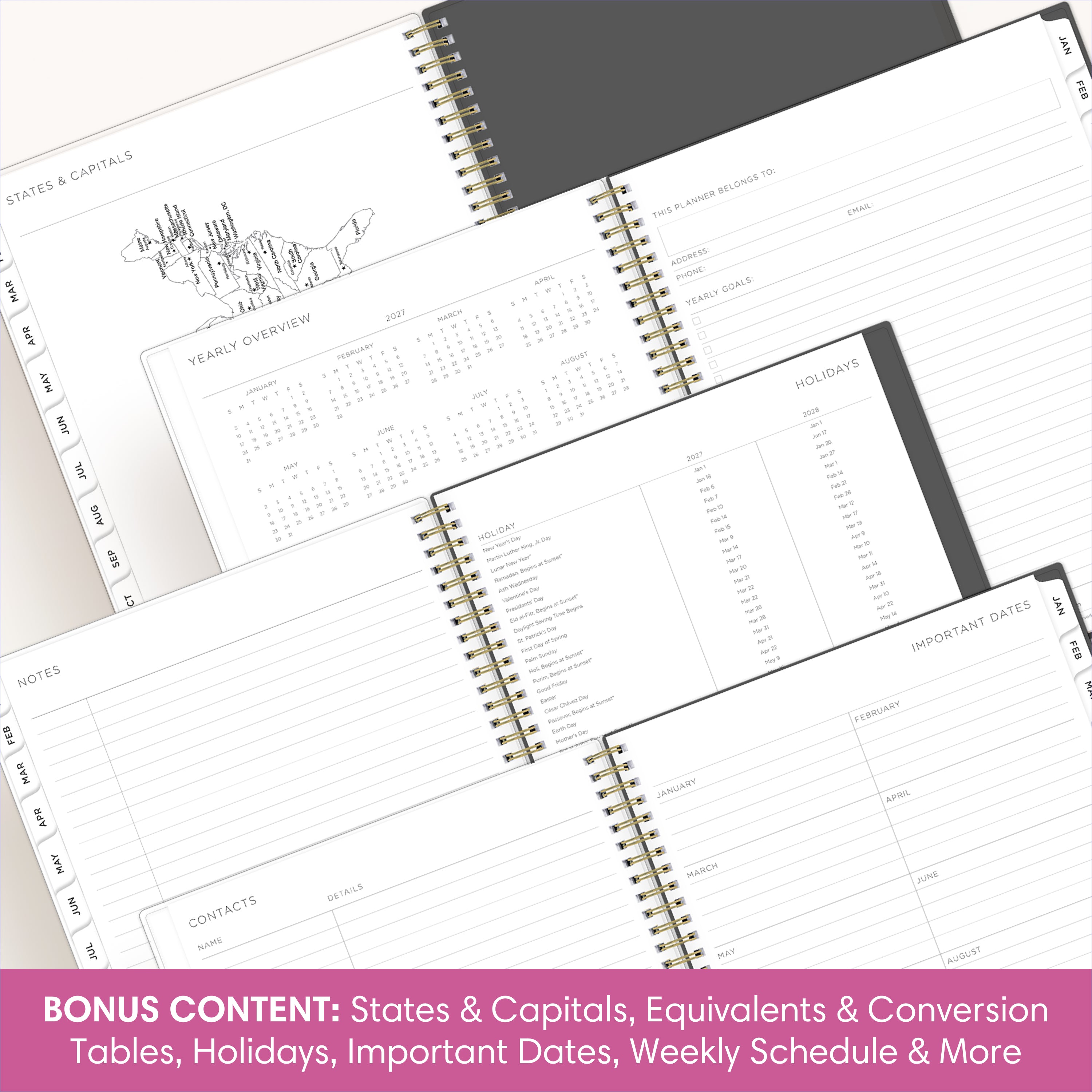 planner featuring bonus content like yearly overview, important dates, holidays, states and capitals