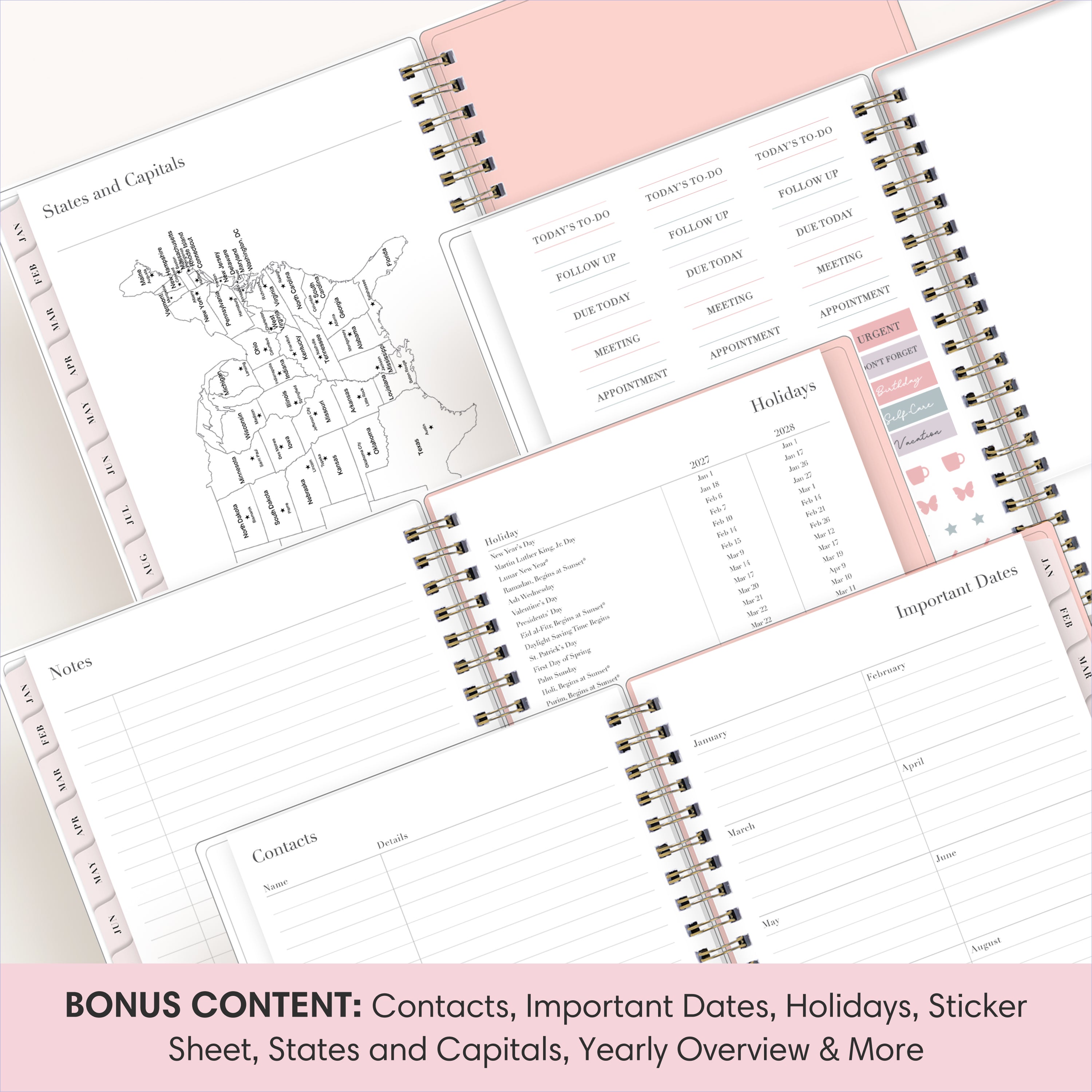 planner featuring bonus content like yearly overview, important dates, holidays, states and capitals