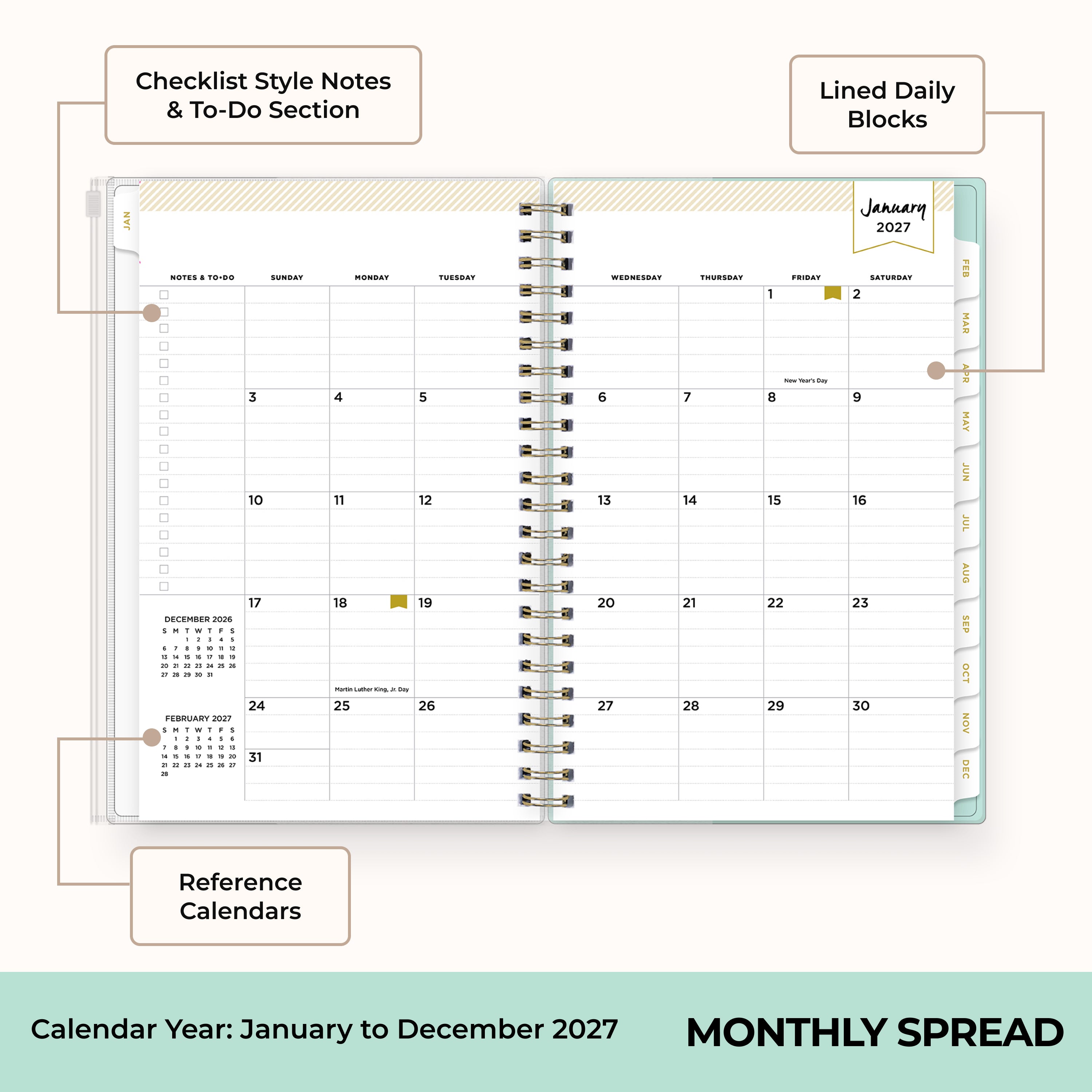2027 monthly spread featuring ample lined writing space for each date, notes section, reference calendars, and monthly tabs