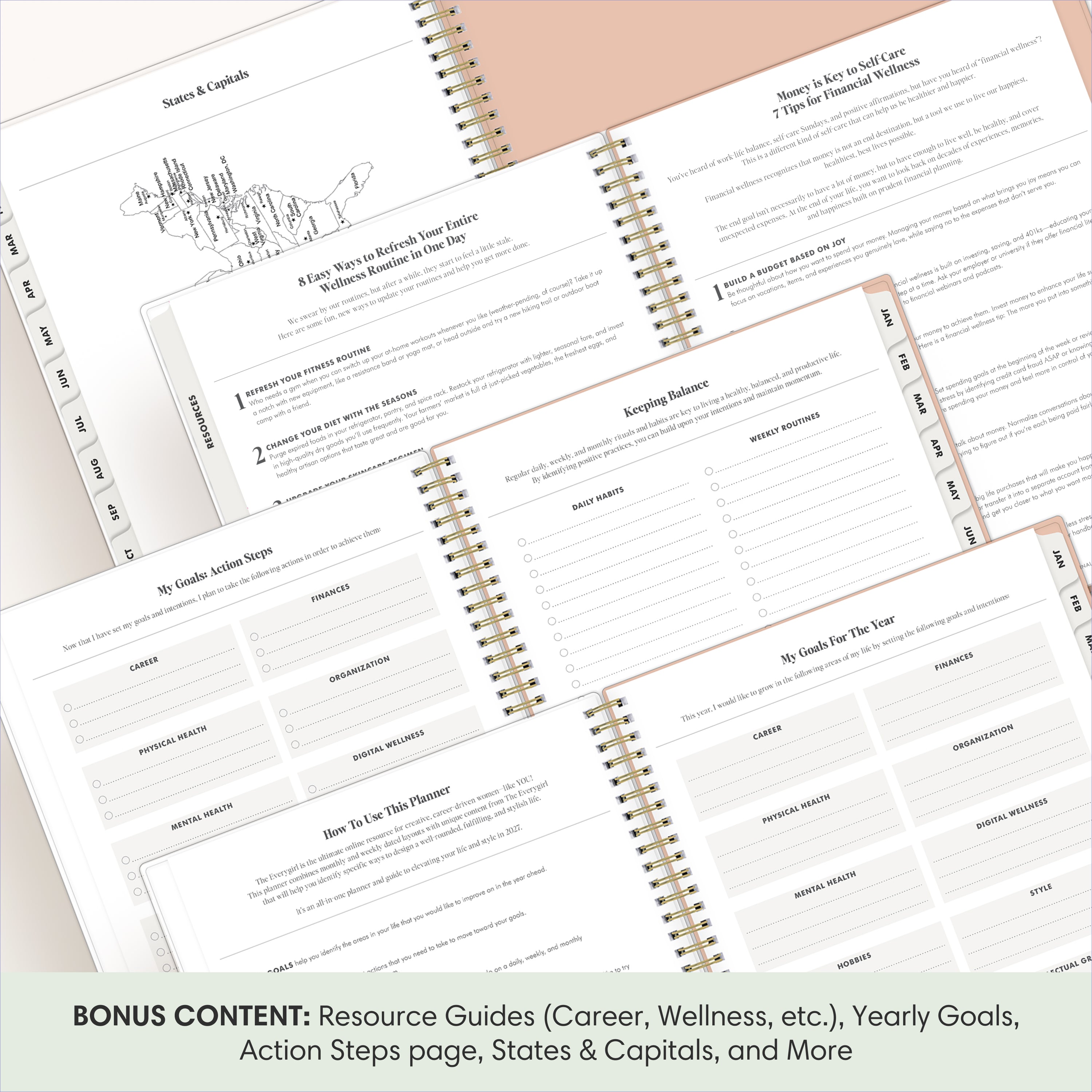 planner featuring bonus content like yearly overview, important dates, holidays, states and capitals