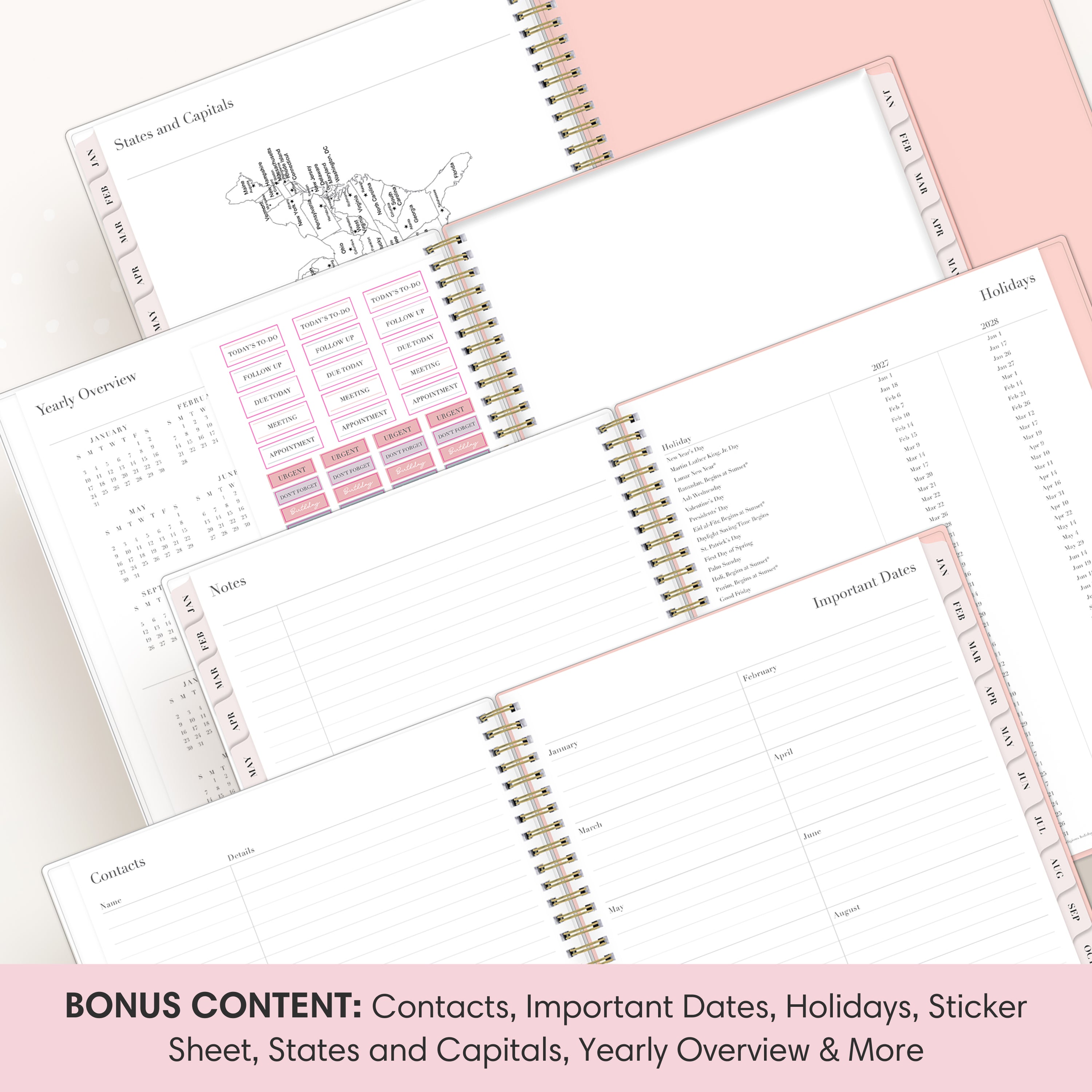 planner featuring bonus content like yearly overview, important dates, holidays, states and capitals