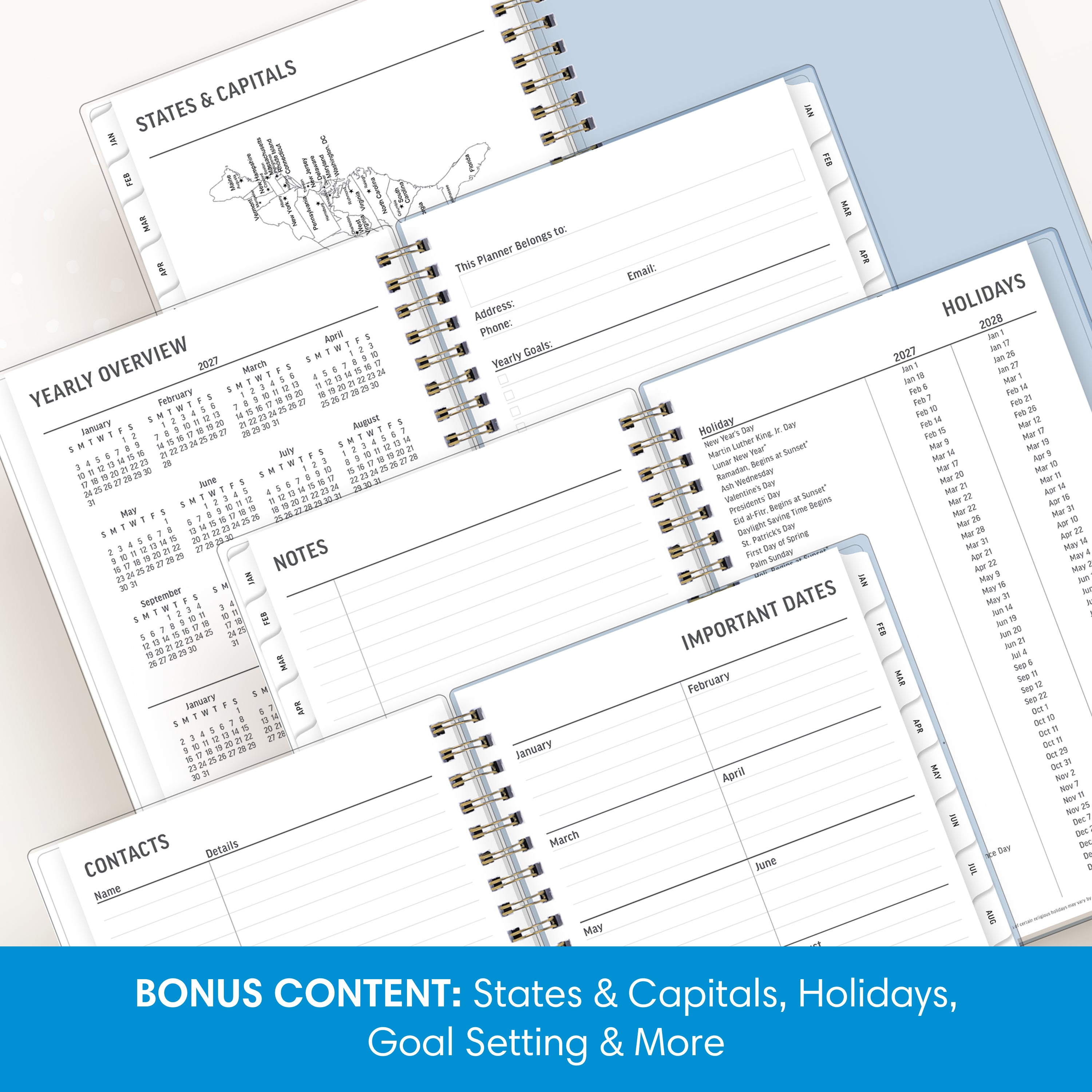 planner featuring bonus content like yearly overview, important dates, holidays, states and capitals