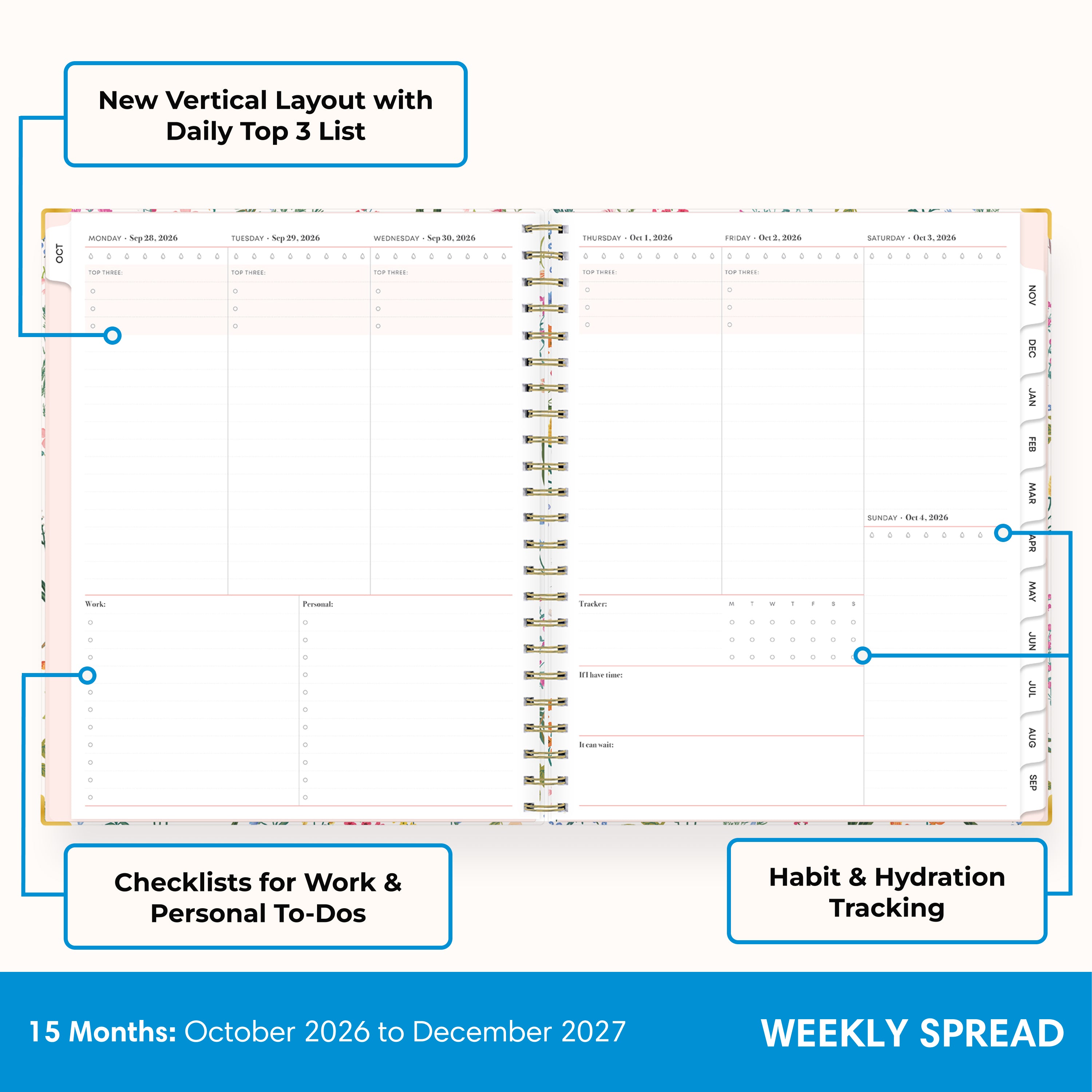 2027 weekly spread features ample lined writing space for to do lists, notes section, reference calendars, bullet points, and monthly tabs