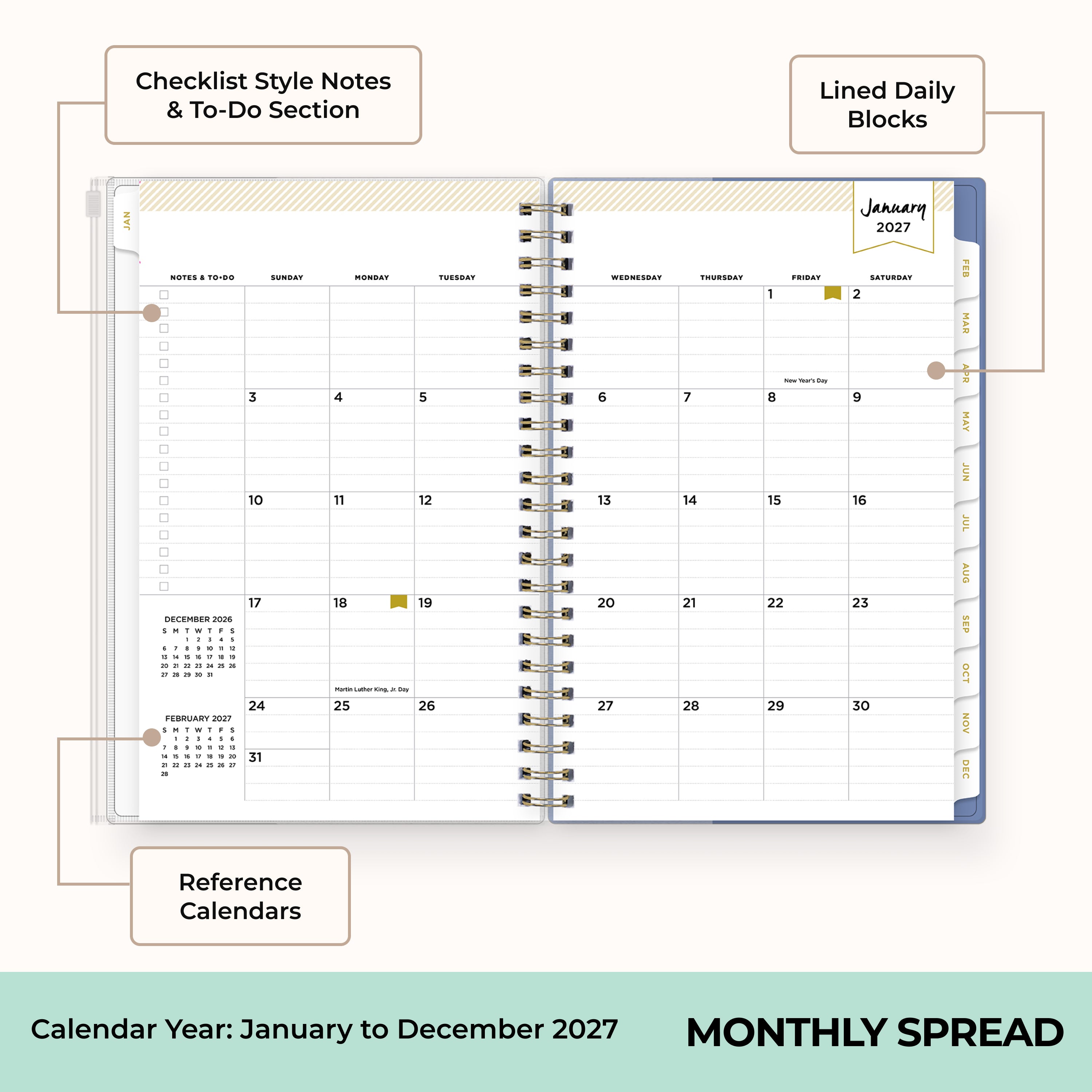 2027 monthly spread featuring ample lined writing space for each date, notes section, reference calendars, and monthly tabs