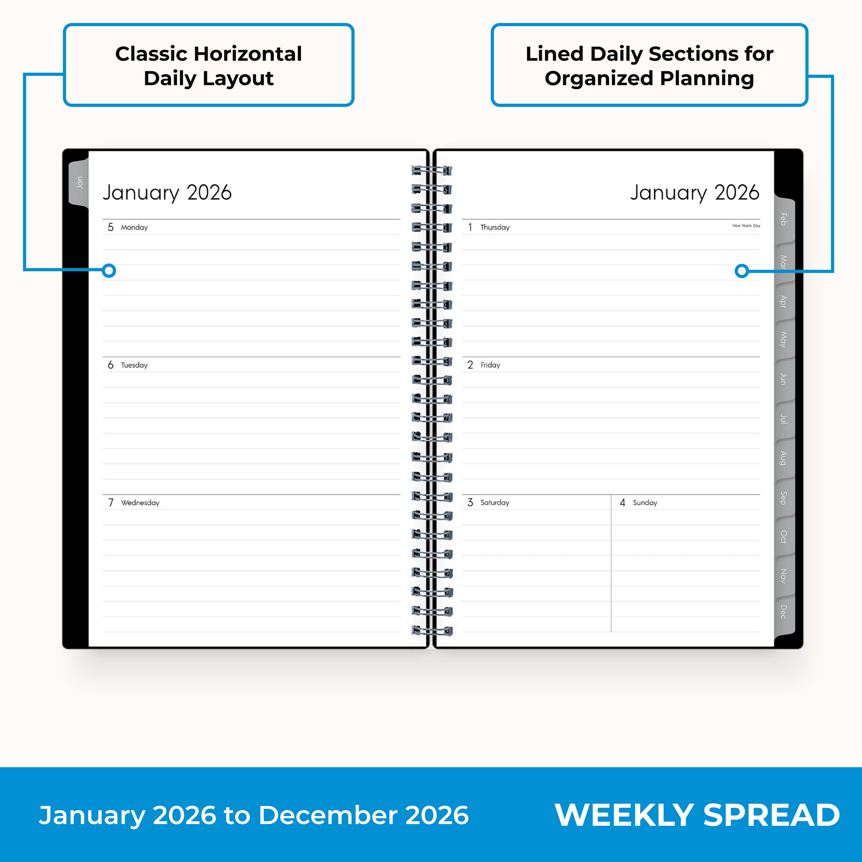 2026 weekly layout featuring lined writing space and organized sections for planning 5.875x8.625