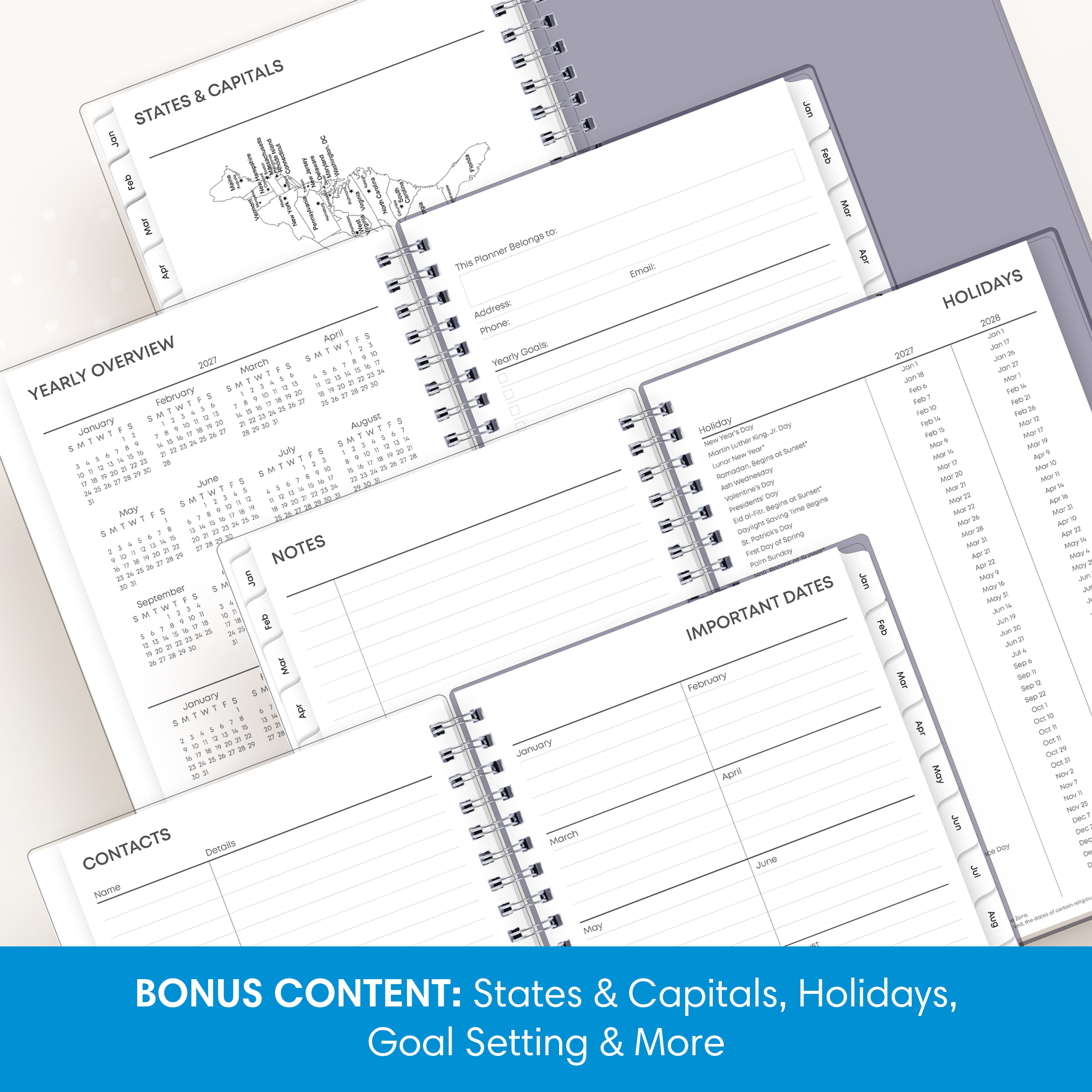 planner includes yearly overview, contacts, important dates, and holidays list