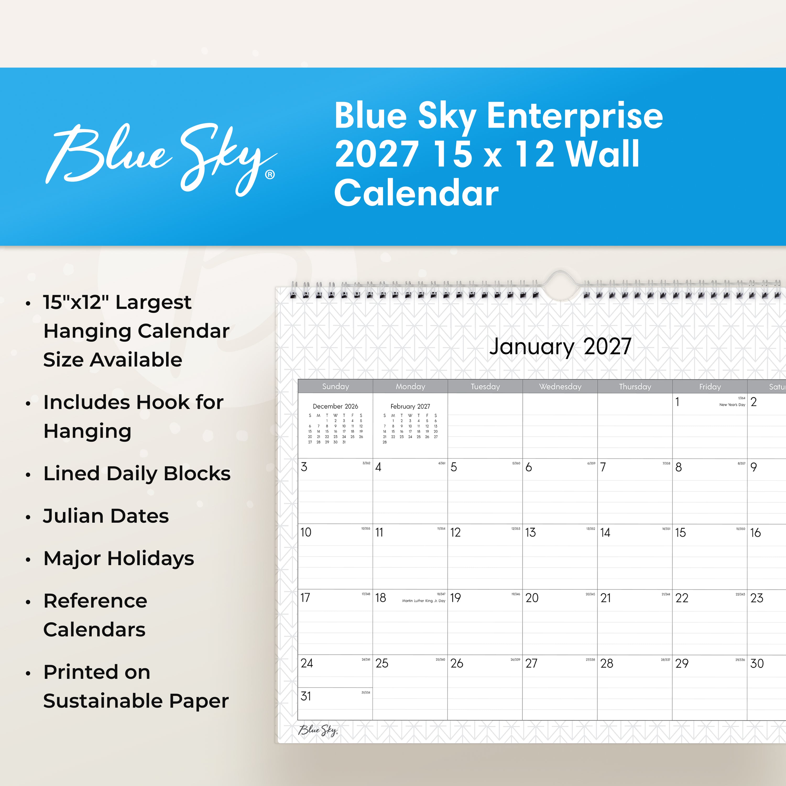 january 2027 - december 2028 wall calendar with professional background, lined writing space, 15x12, wall hook
