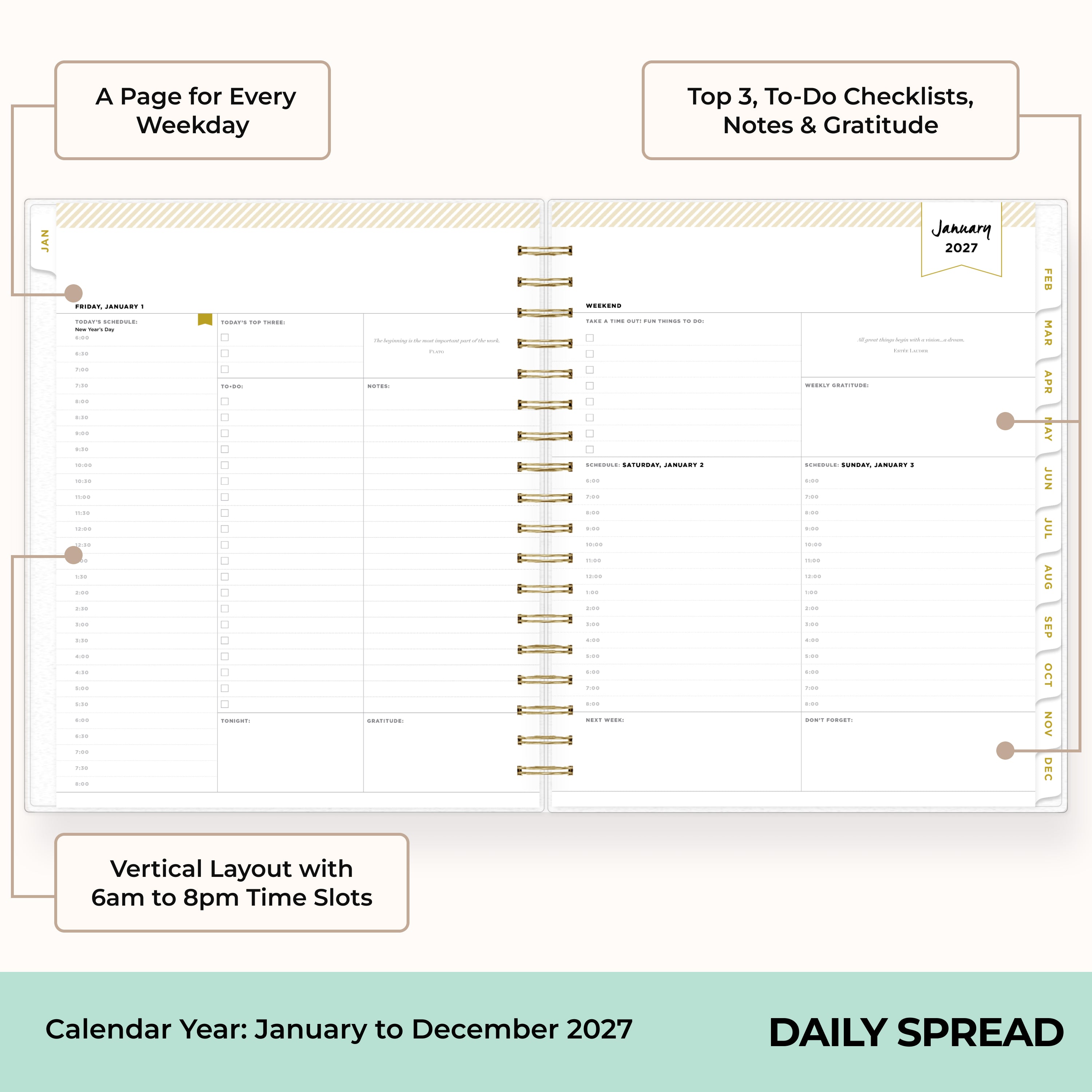 this daily monthly planner features a daily layout with 1 hour increments, to do list, notes section, lined writing space, and monthly tabs