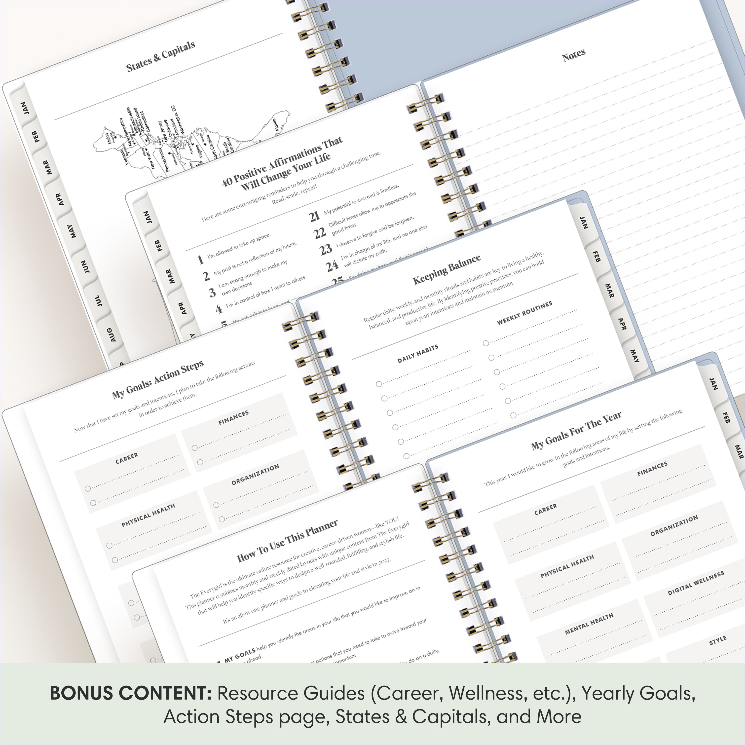 planner featuring bonus content like yearly overview, important dates, holidays, states and capitals