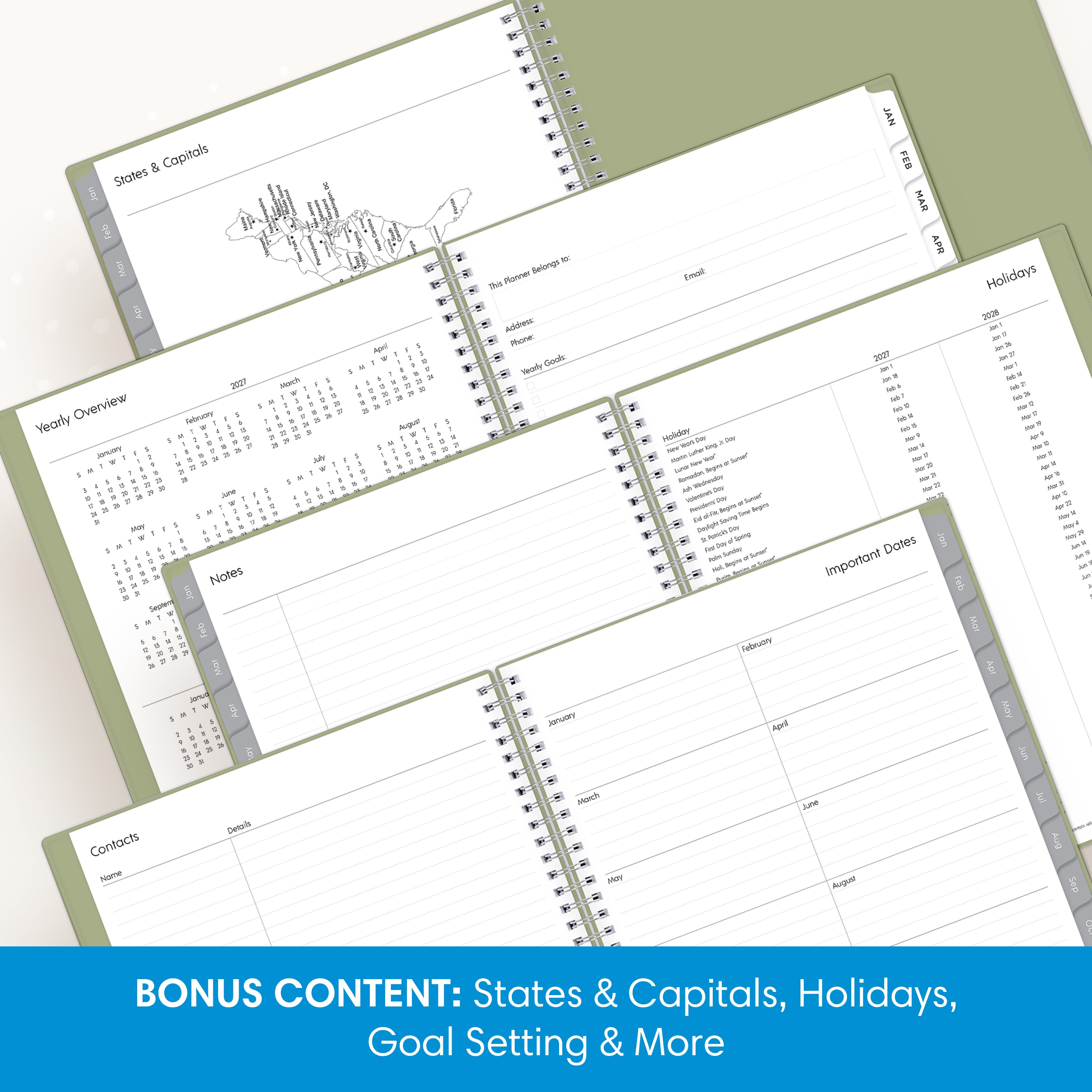 reference page yearly overview, capitals states, contacts, and holiday list