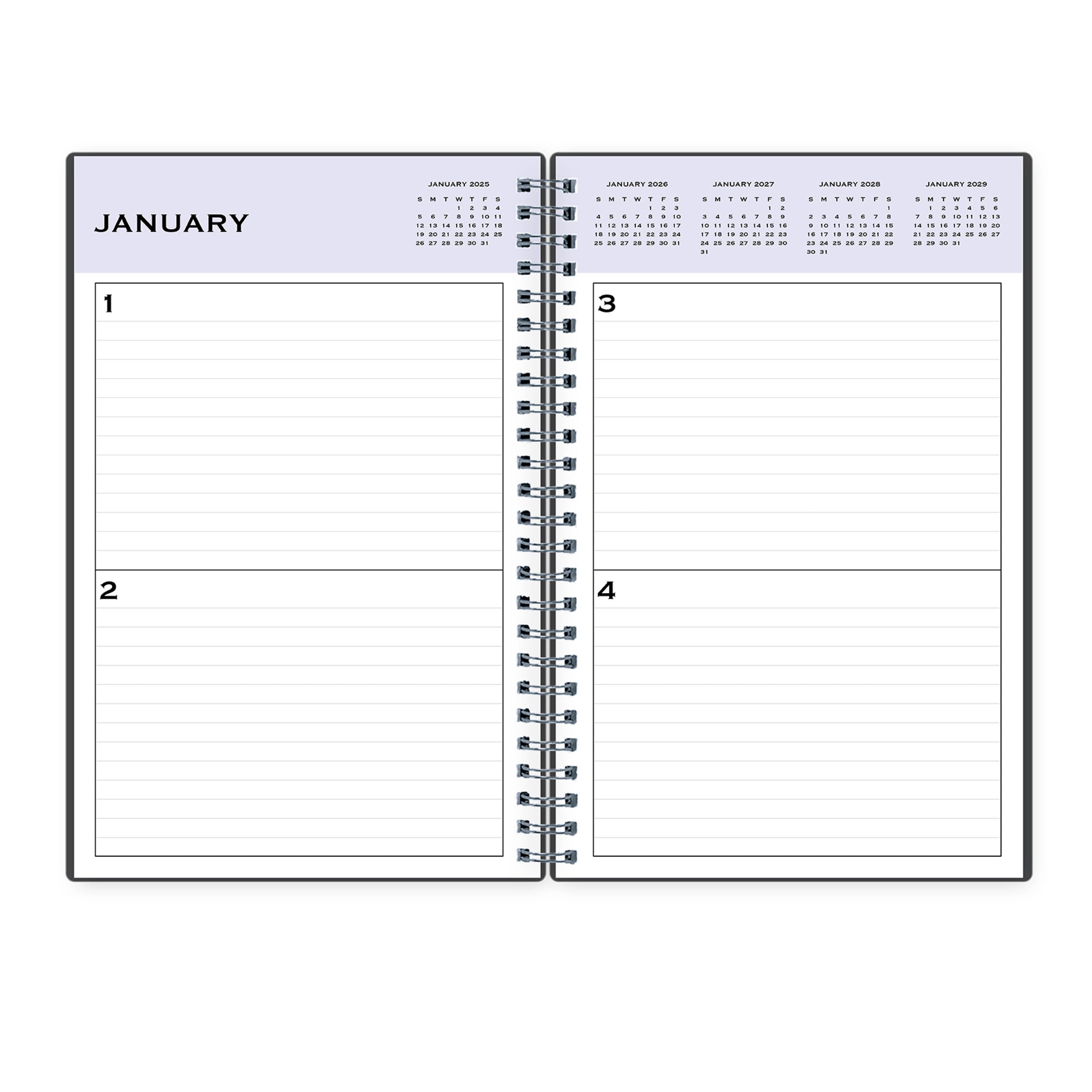 Open spiral-bound planner showing January calendar and daily layout on a white background