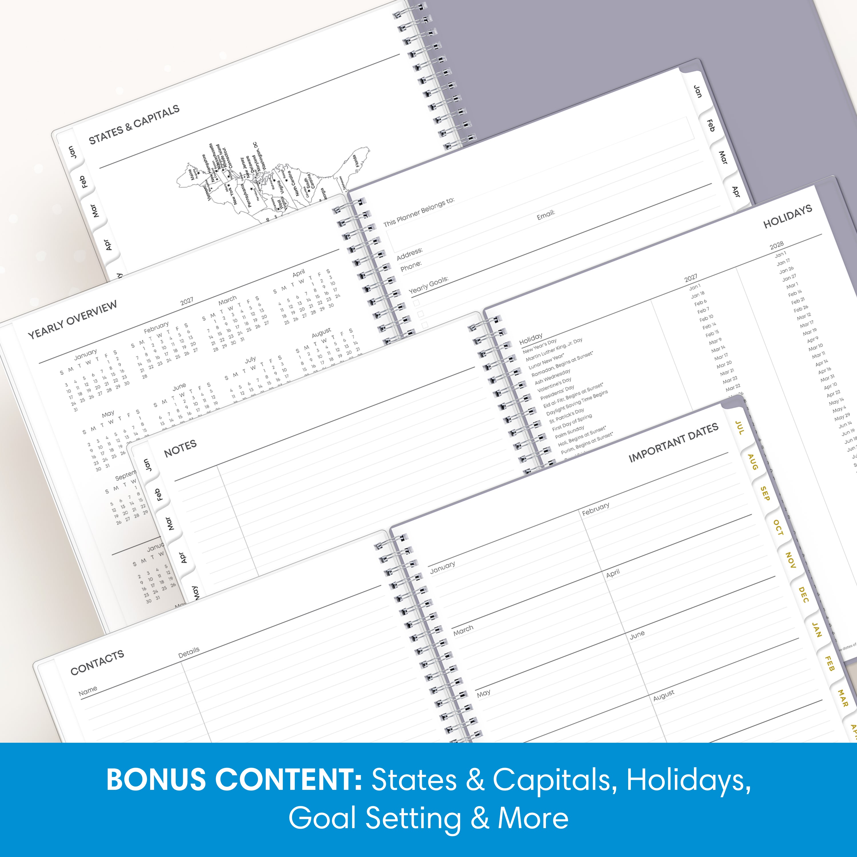planner includes yearly overview, contacts, important dates, and holidays list