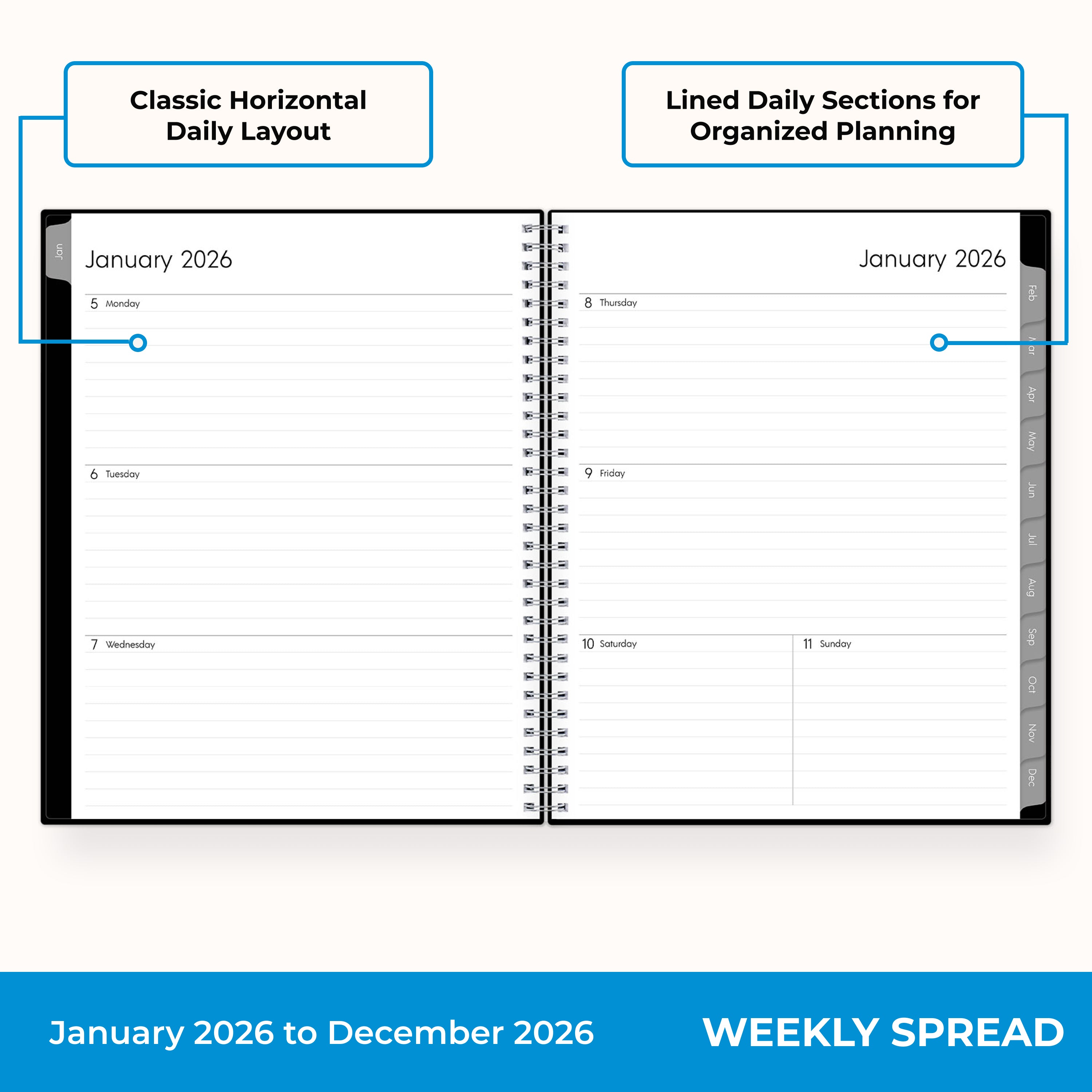 2026 weekly layout featuring lined writing space and organized sections for planning 8.5x11