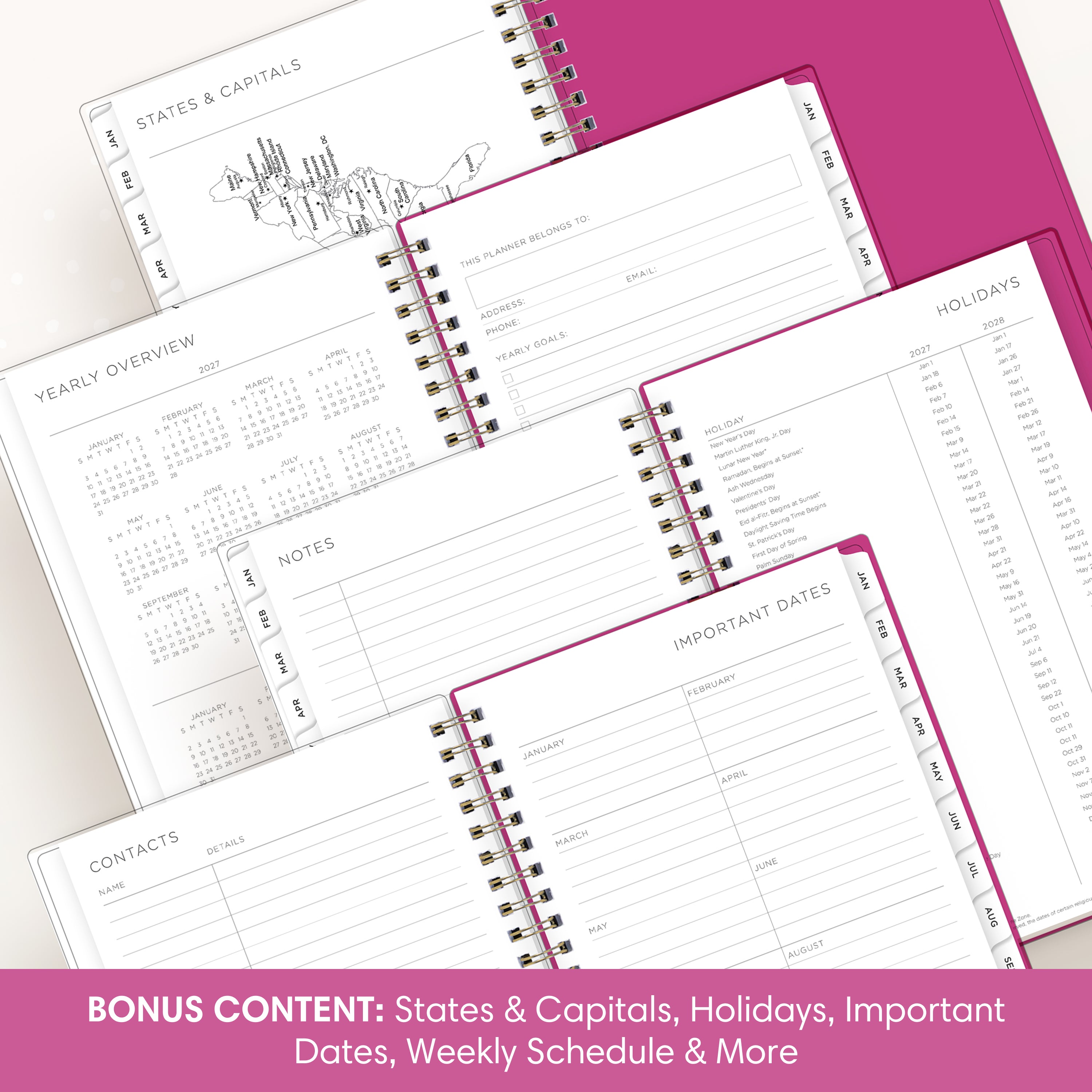 planner featuring bonus content like yearly overview, important dates, holidays, states and capitals