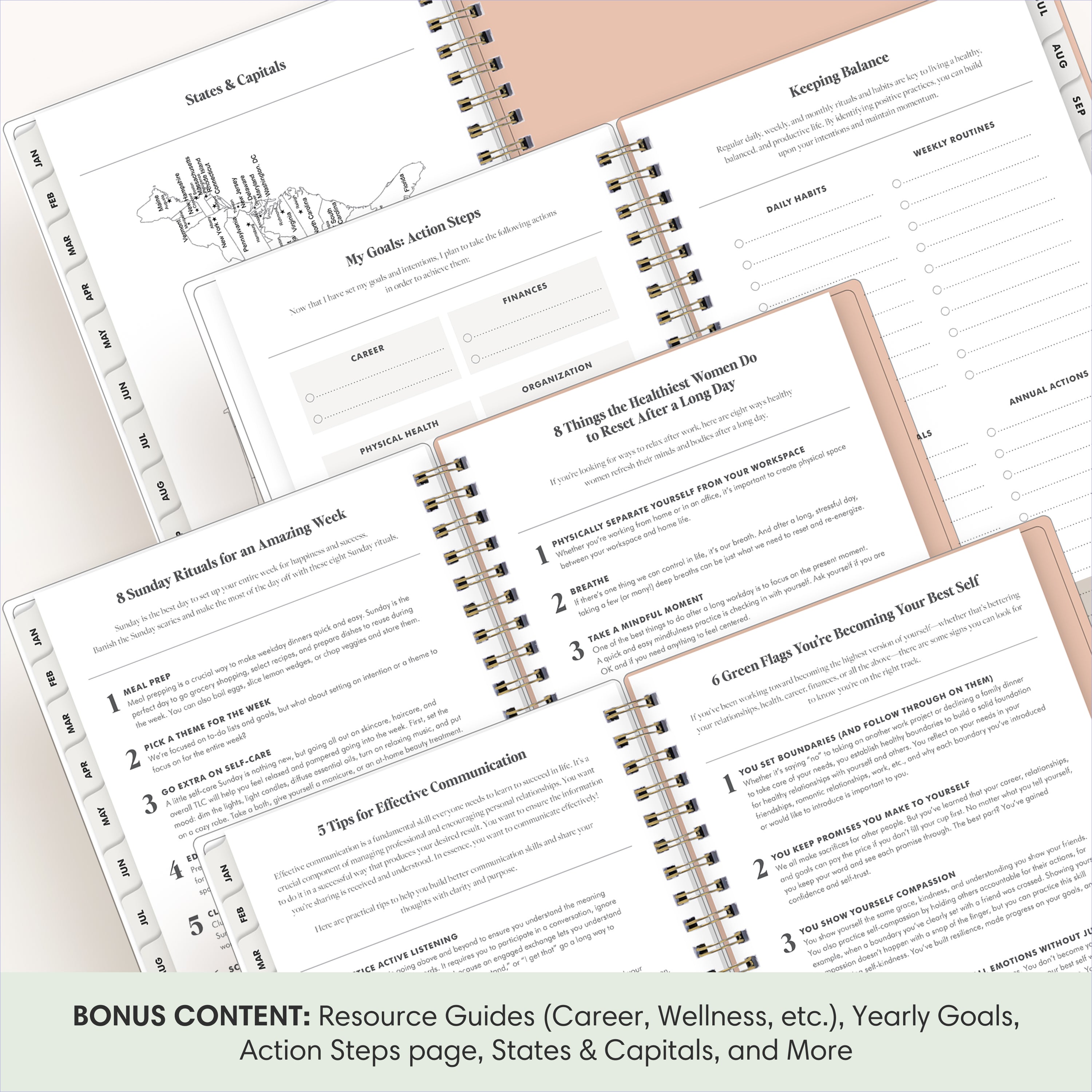 the academic planner has bonus content to ensure you have a strong, organized school year such as wellness page, well being, reminders, etc.