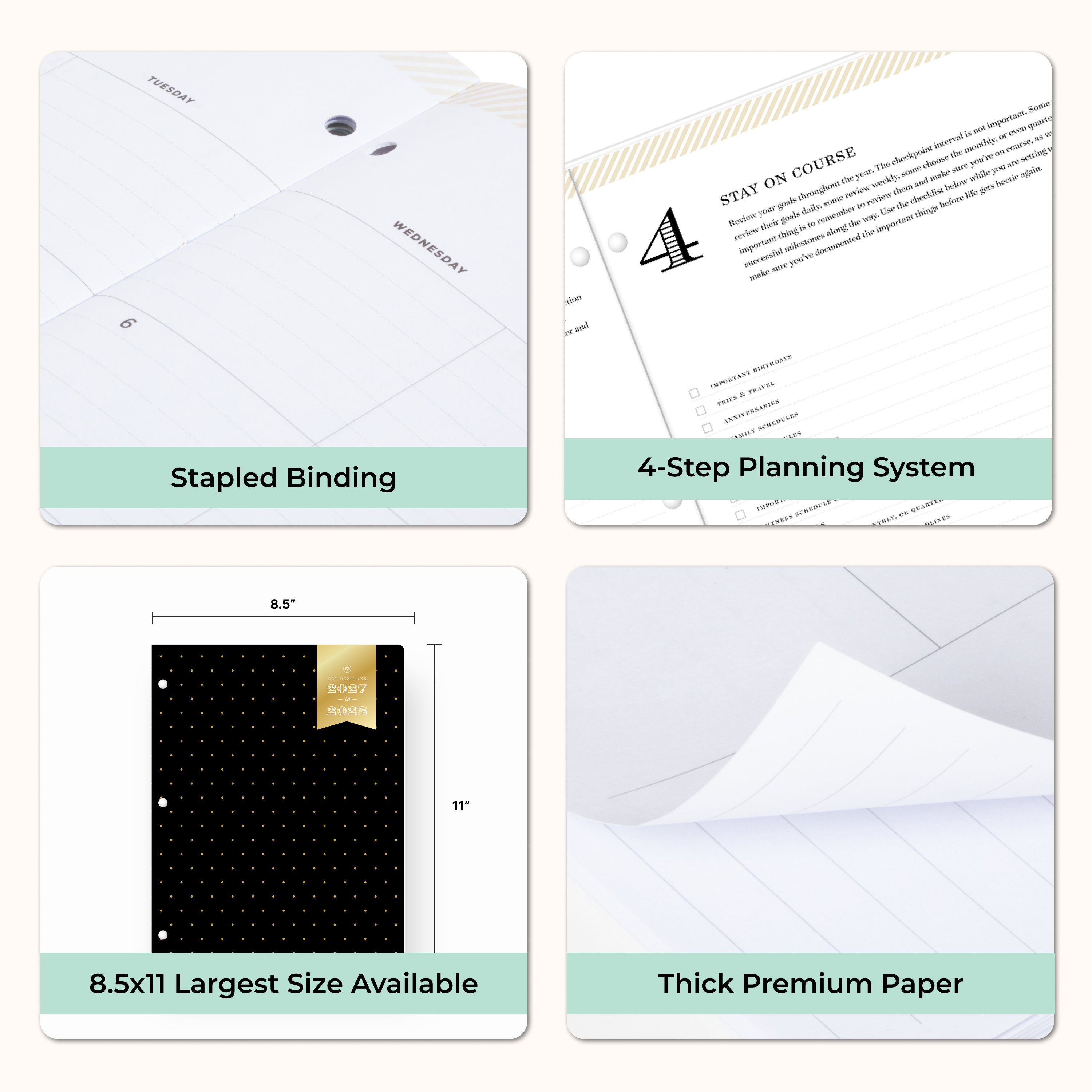 planner features stapled binding, monthly tabs, and optimizing planning size