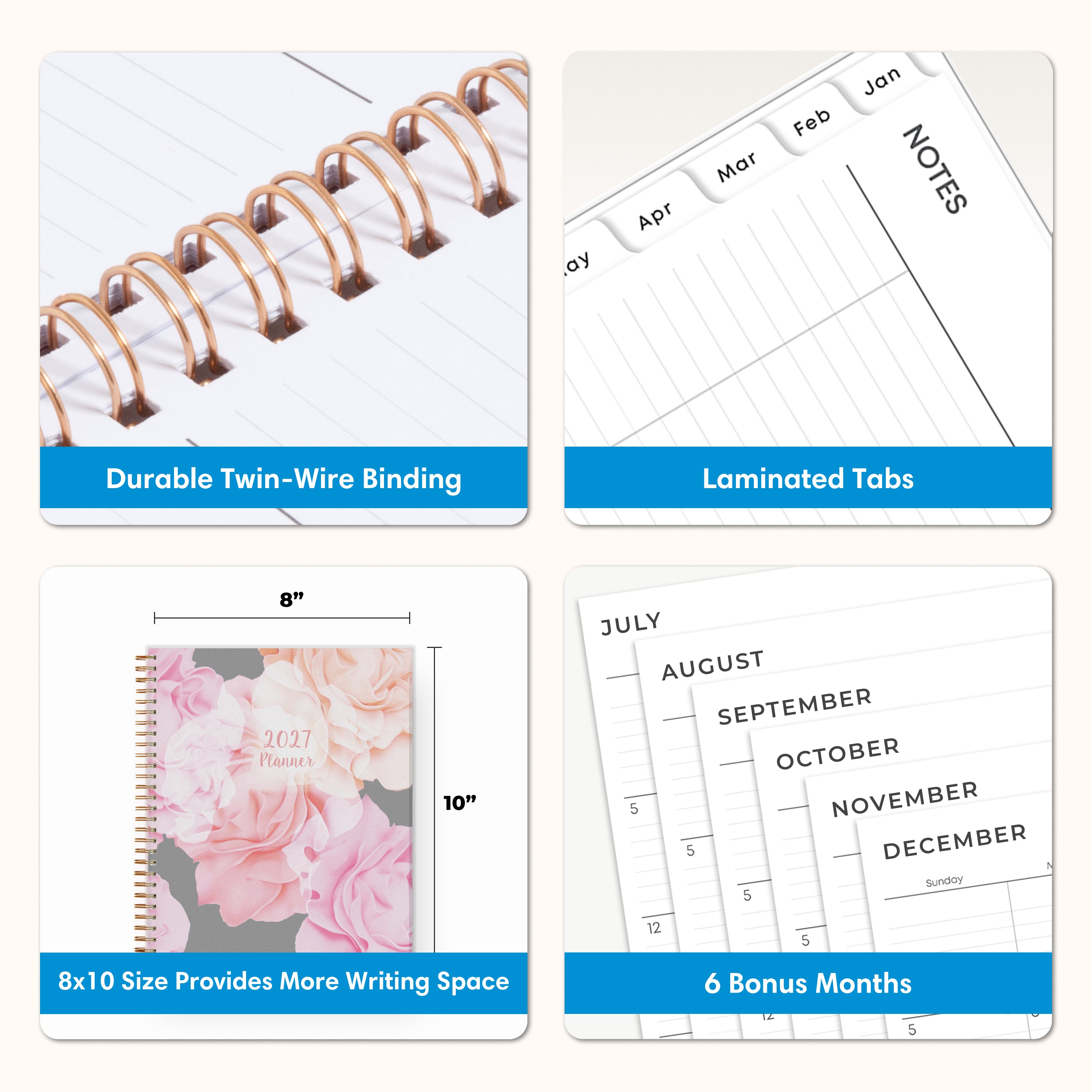 planner features twin wire o binding, monthly tabs, and optimizing planning size