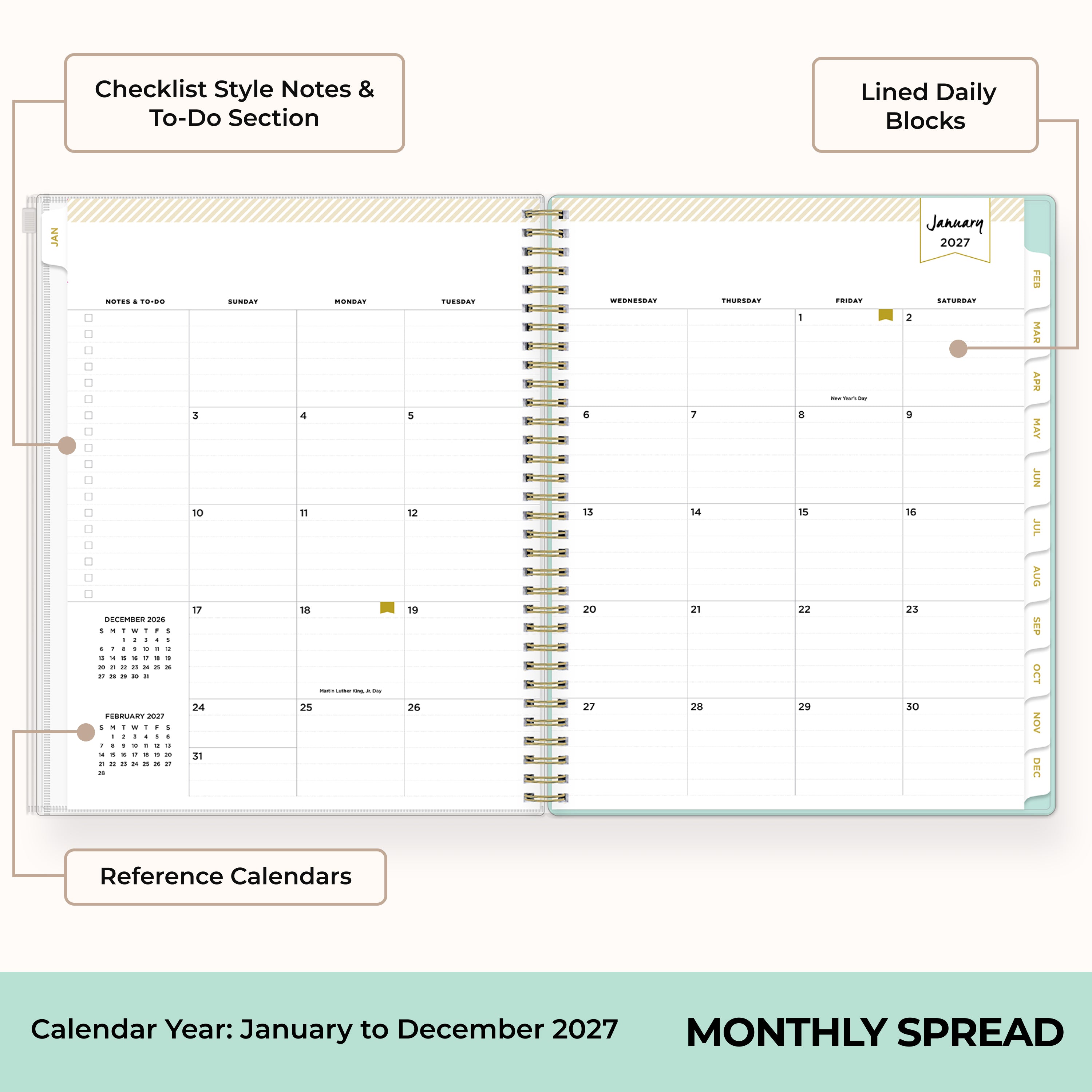 2027 monthly spread featuring ample lined writing space for each date, notes section, reference calendars, and monthly tabs