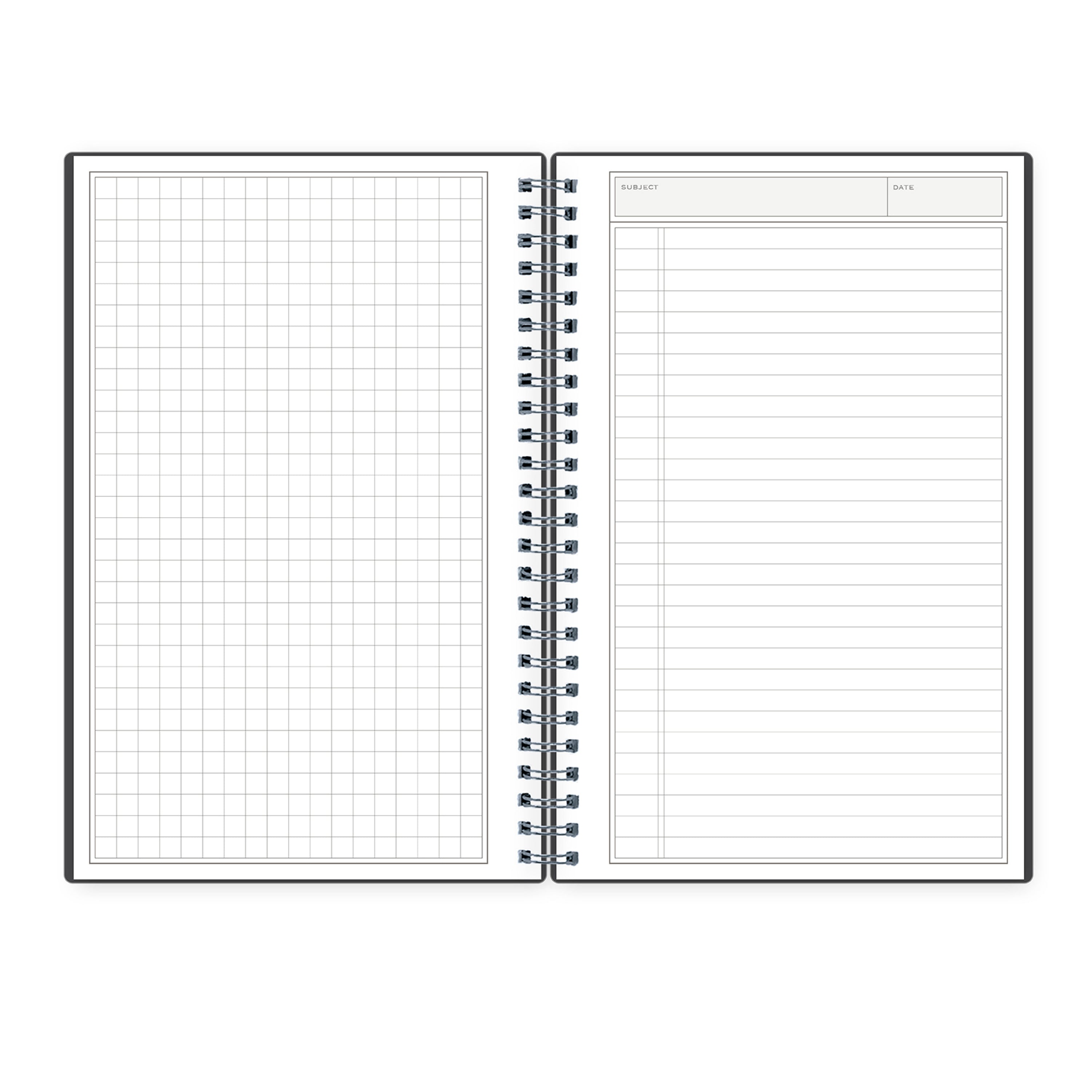 Open spiral-bound non-dated with grid and list pages on a white background