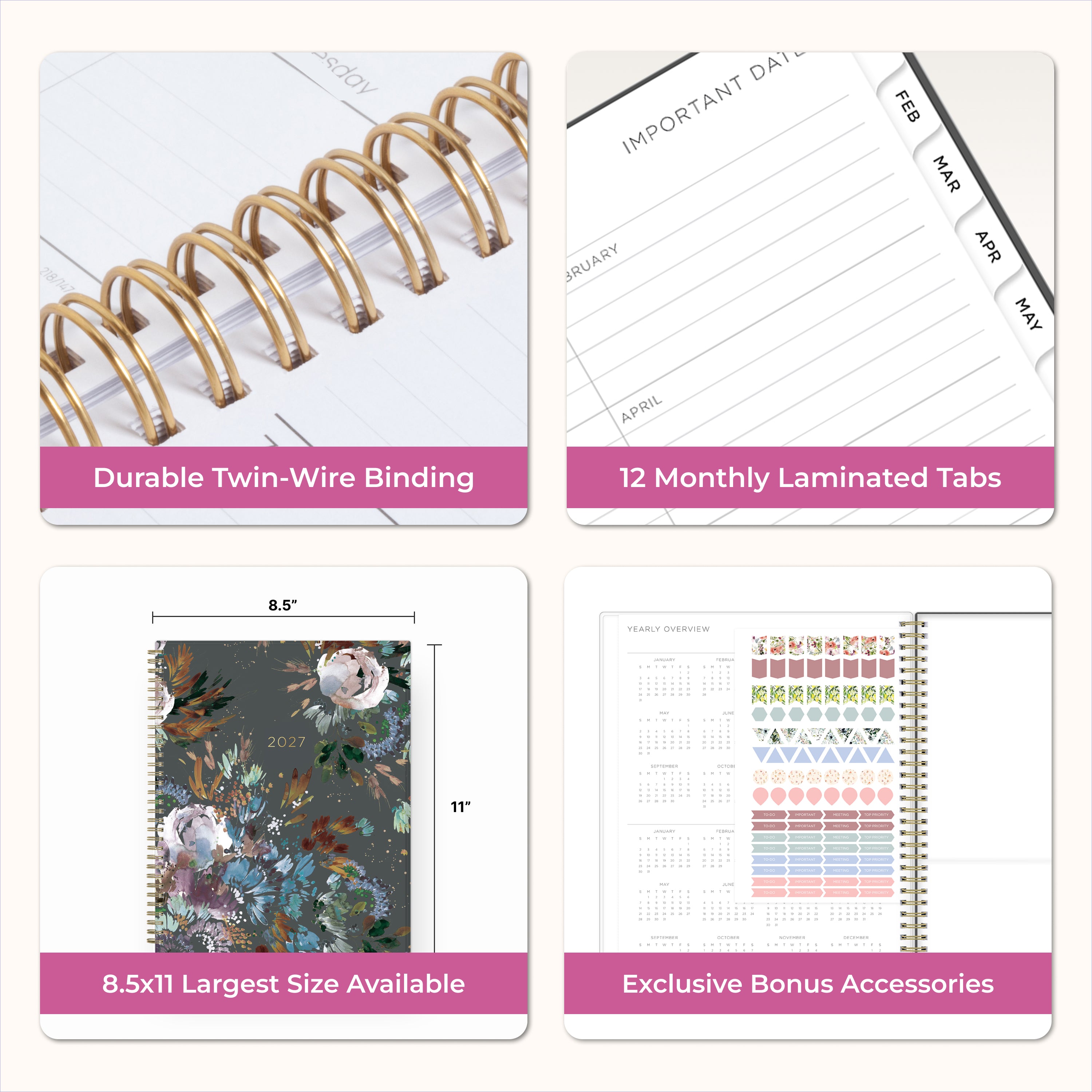 planner features twin wire o binding, monthly tabs, and optimizing planning size