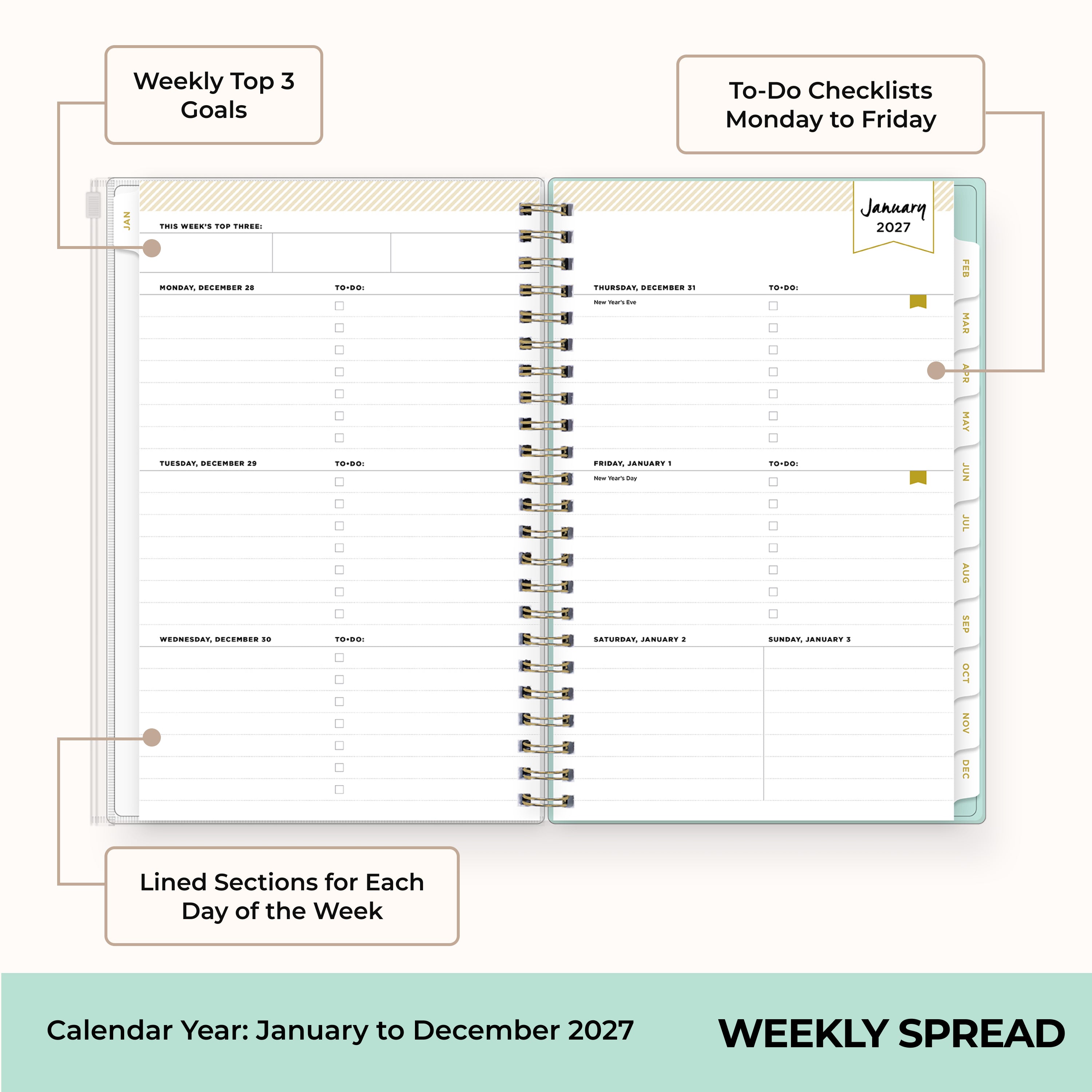 2027 weekly spread features ample lined writing space for to do lists, notes section, reference calendars, bullet points, and monthly tabs