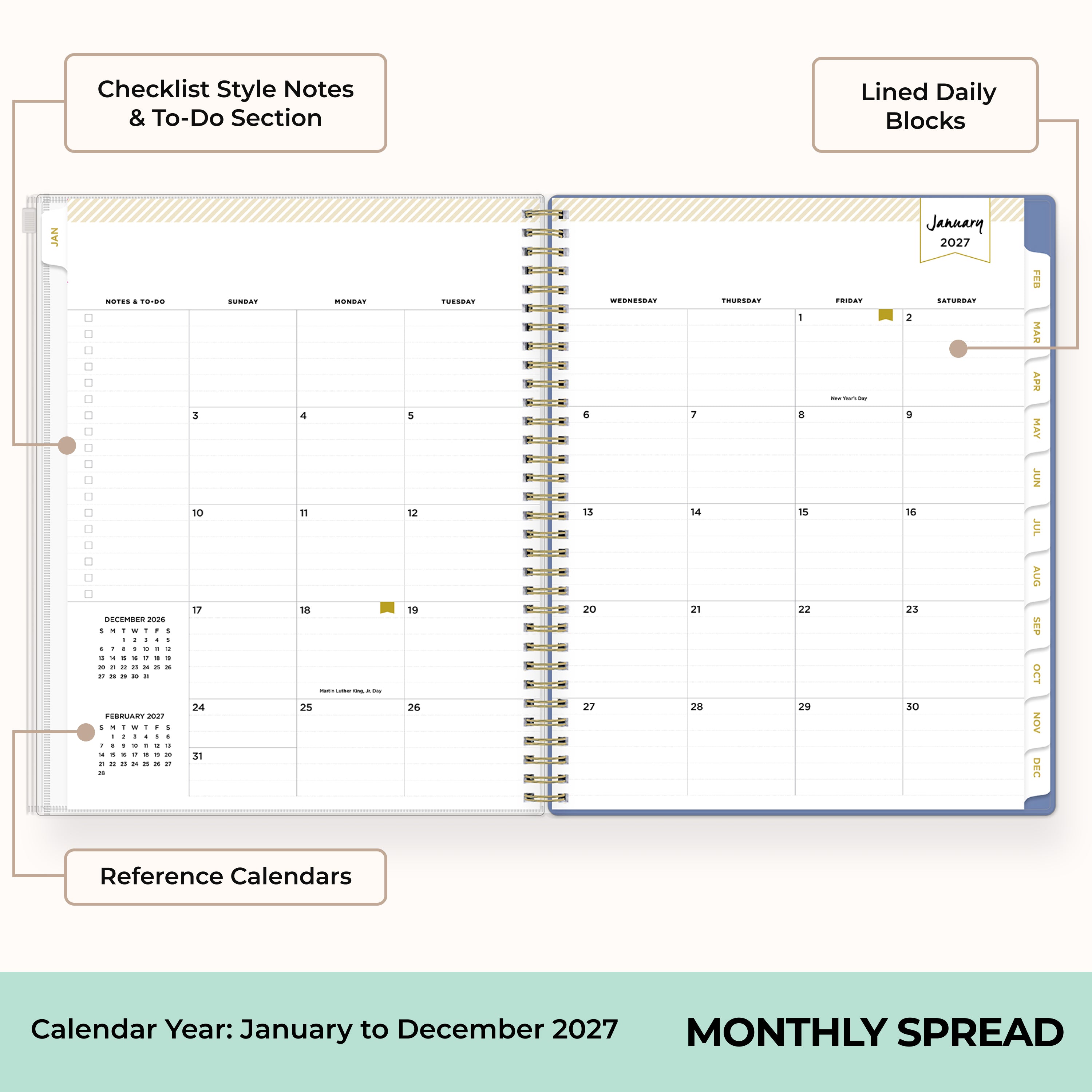 2027 monthly spread featuring ample lined writing space for each date, notes section, reference calendars, and monthly tabs