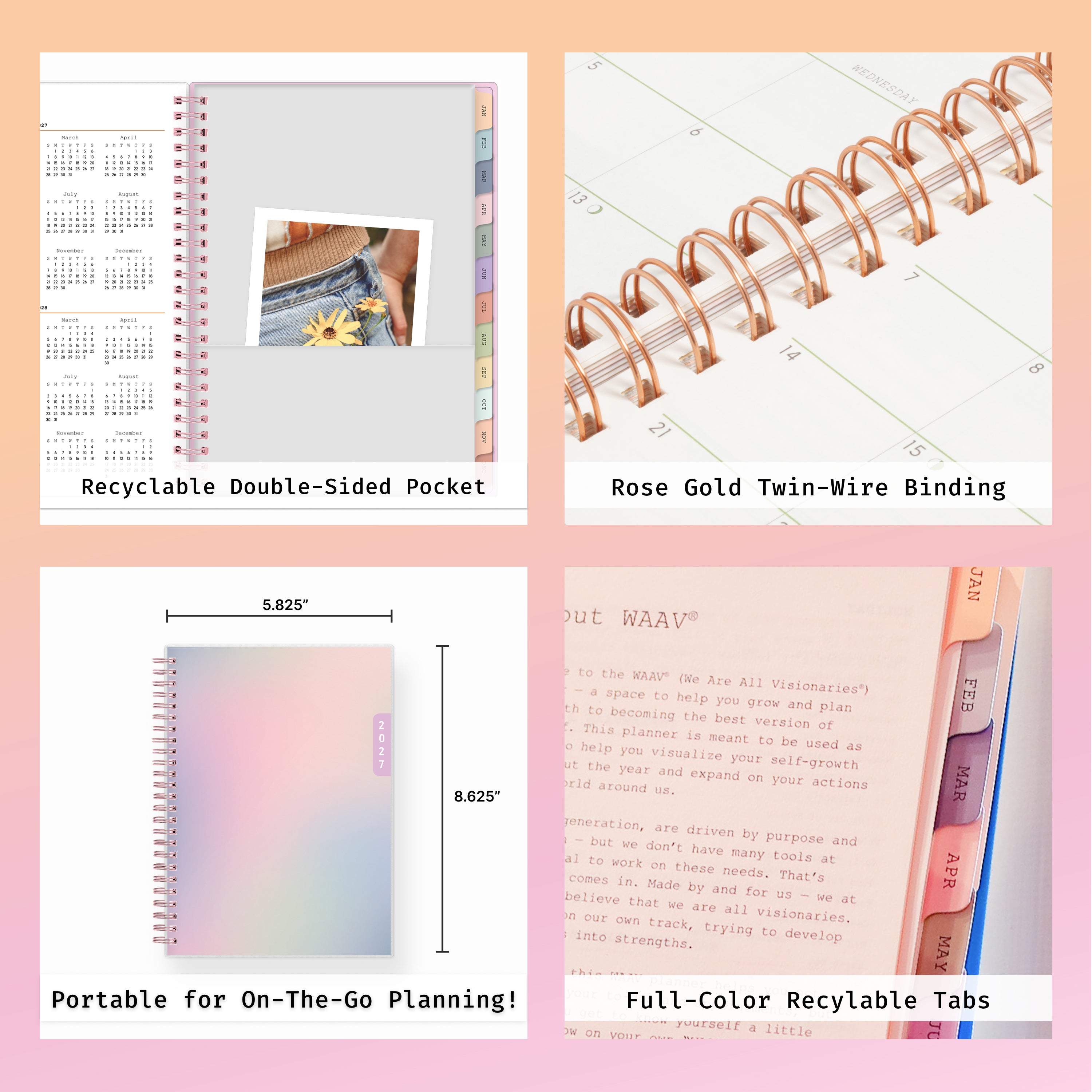 planner features twin wire o binding, monthly tabs, and optimizing planning size