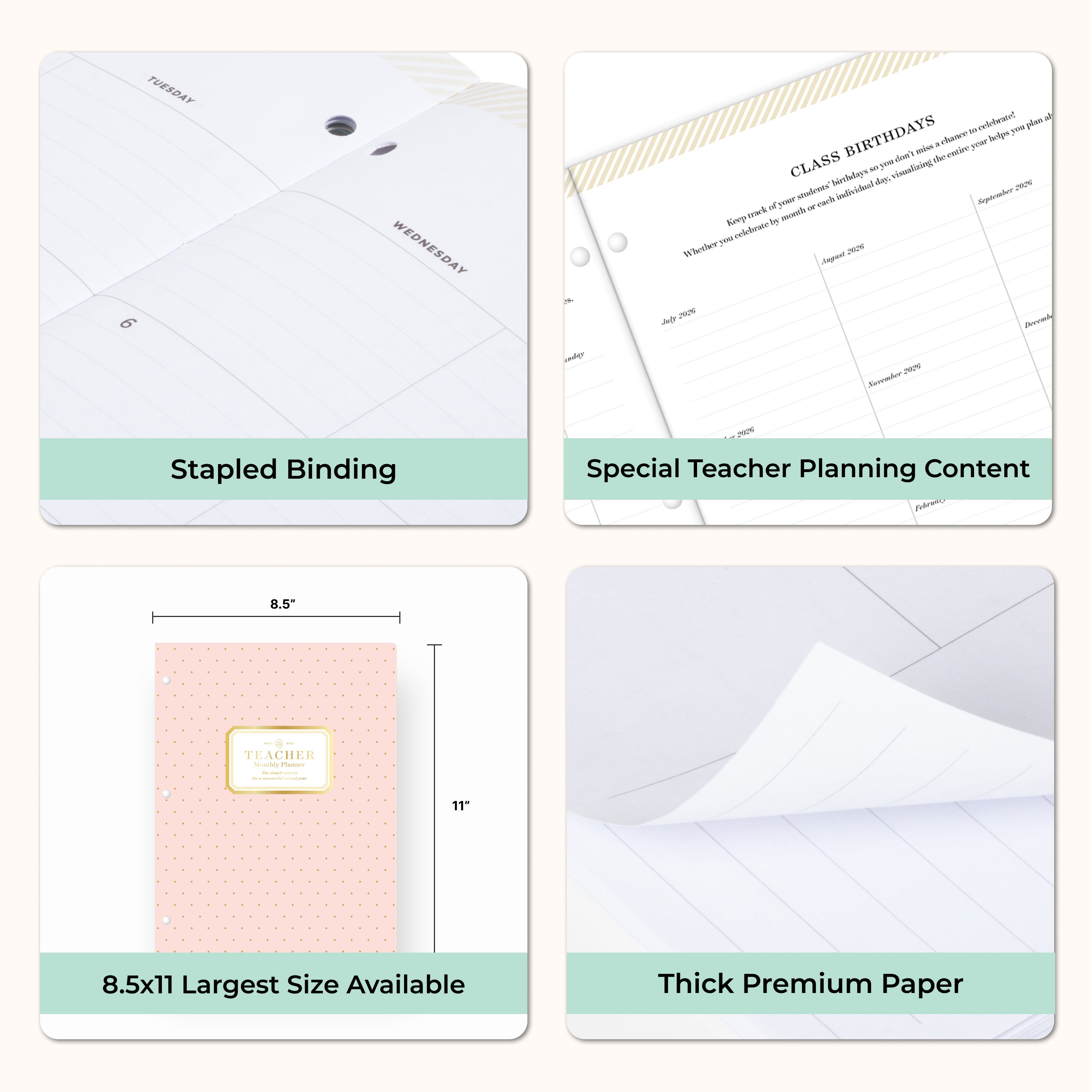 Collage of a planner with features highlighted, 3 hole punched binding, and premium paper, laminated monthly tabs