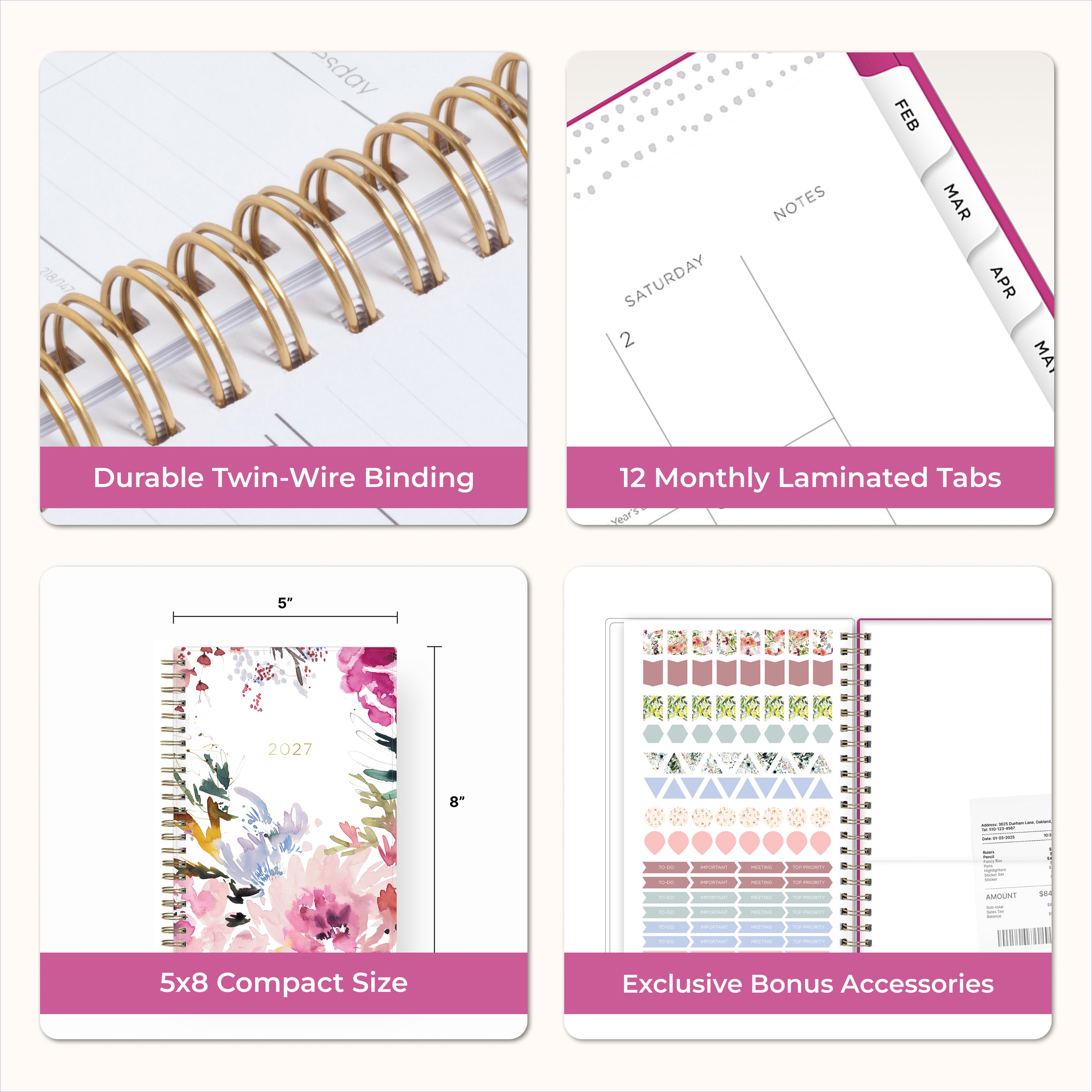 planner features twin wire o binding, monthly tabs, and optimizing planning size