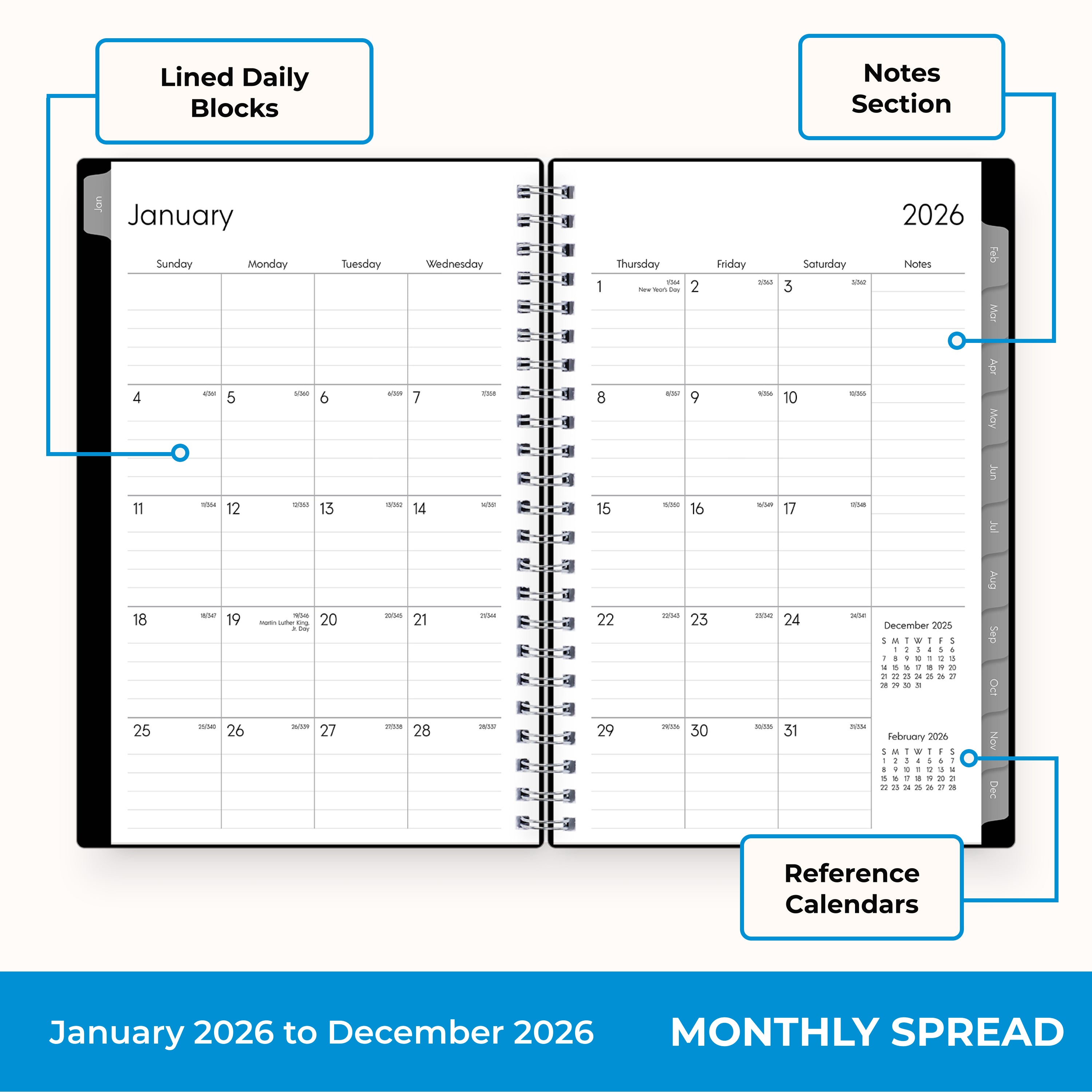 monthly spread for 2026 featuring lined writing space, lined notes section, and reference calendars