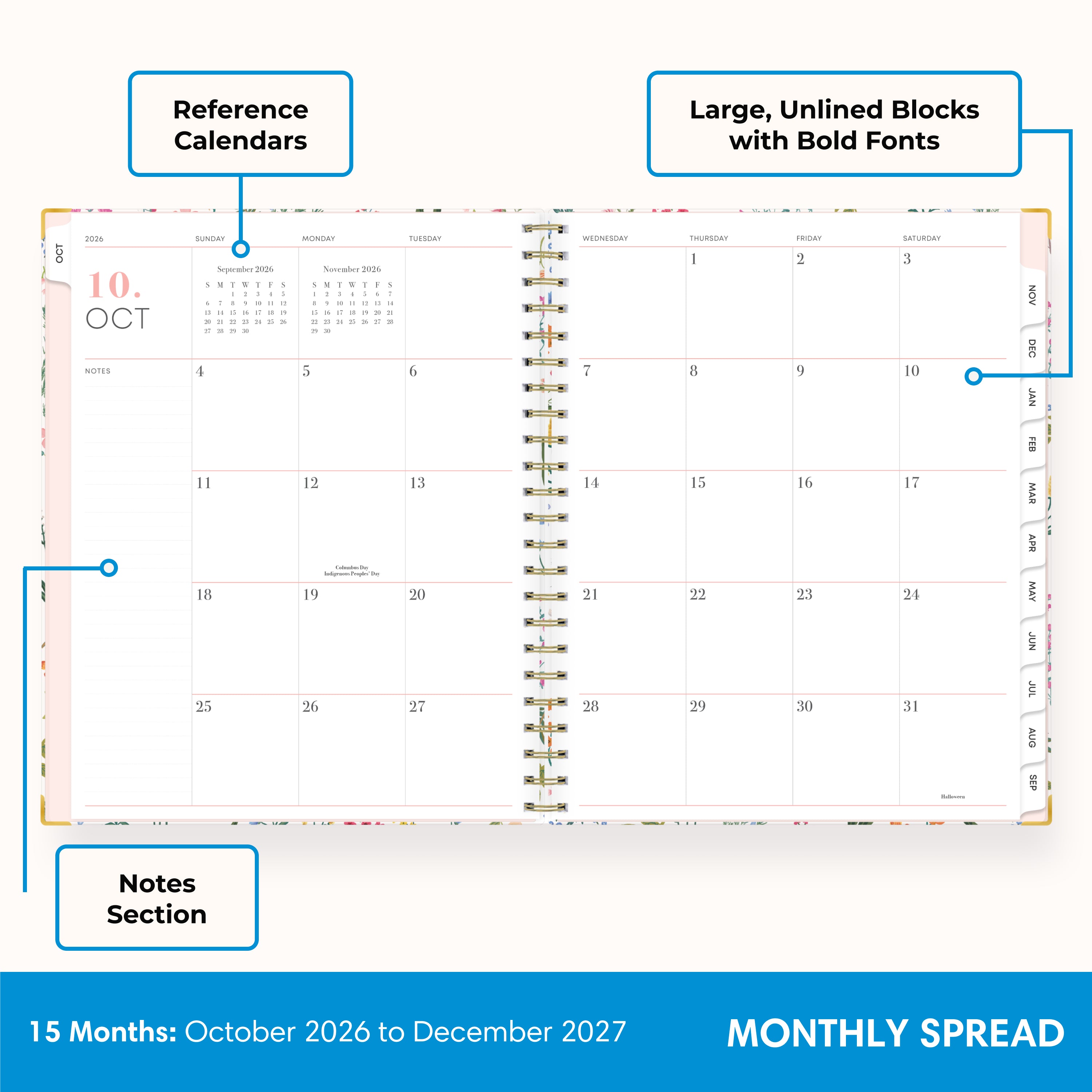 2027 monthly spread featuring ample lined writing space for each date, notes section, reference calendars, and monthly tabs
