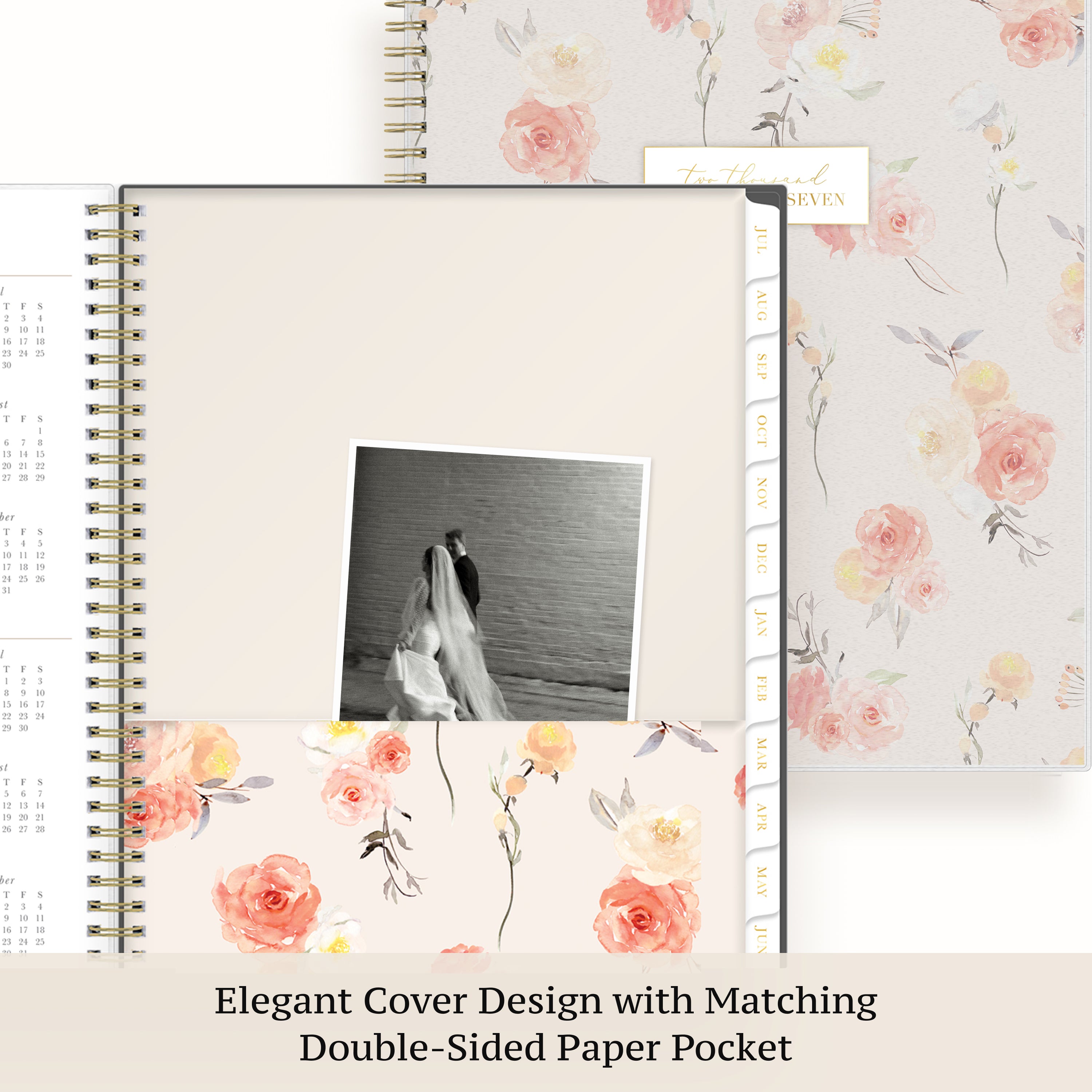 Spiral-bound planner with floral cover and matching paper pocket, featuring a photo of a bride and groom.